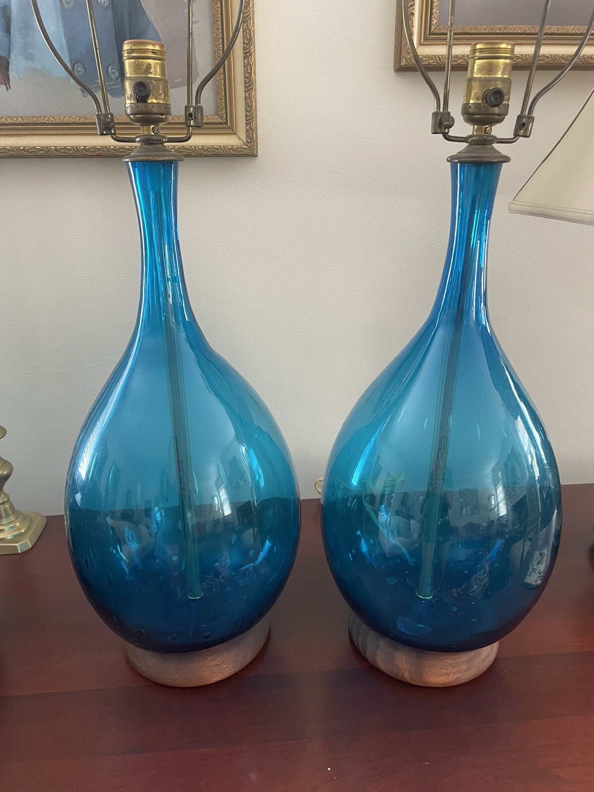 RARE Pair Large Vintage Blenko Handblown Table Lamps 1960s Teal Blue Excellent RARE Pair Large Vintage Blenko Handblown Table Lamps 1960s Teal Blue Excellent