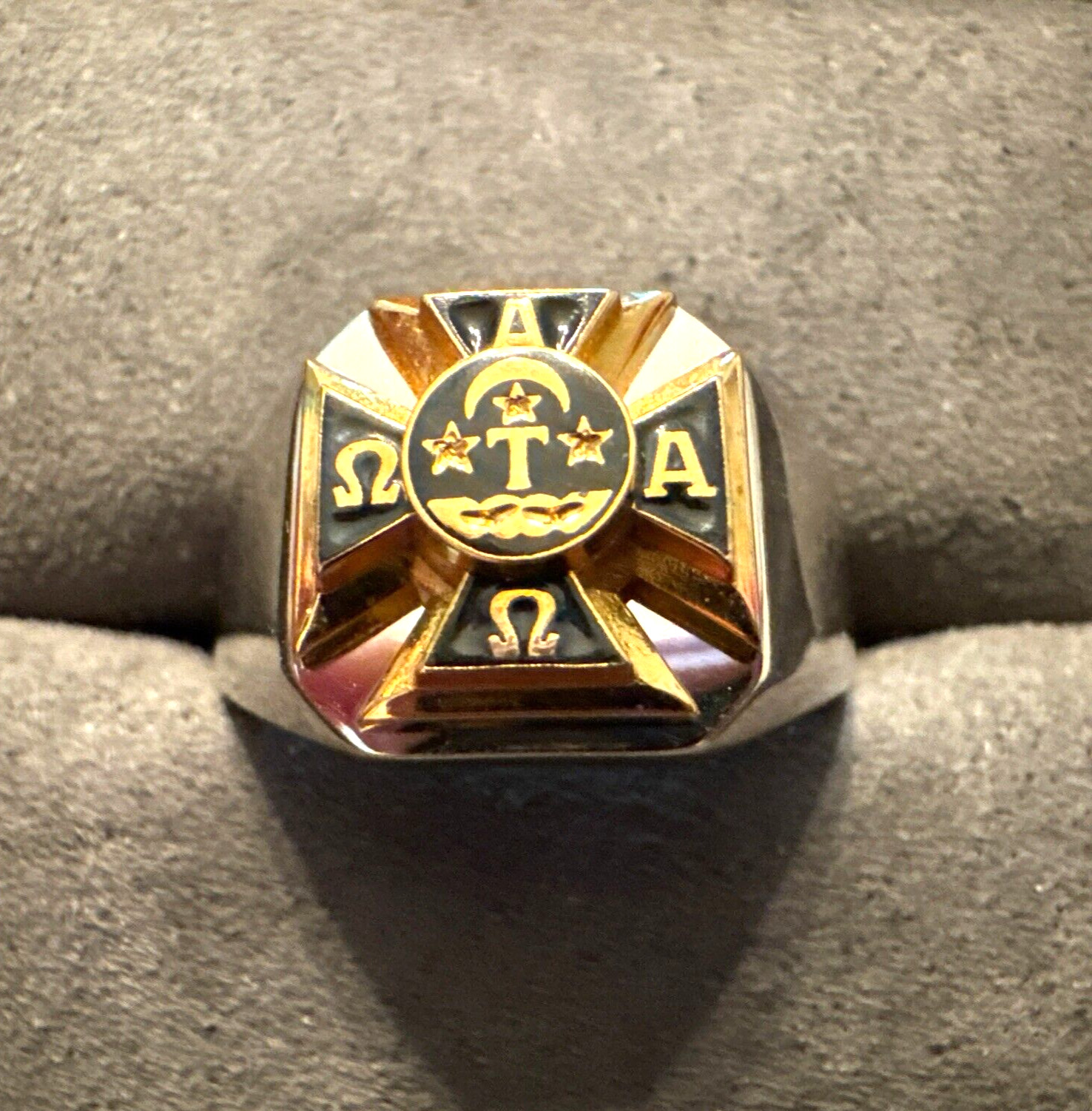 Vintage 10K Alpha Tau Omega ATO Black Enamel Cross New Sterling Signet Ring Vintage 10K Alpha Tau Omega ATO Black Enamel Cross New Sterling Signet Ring