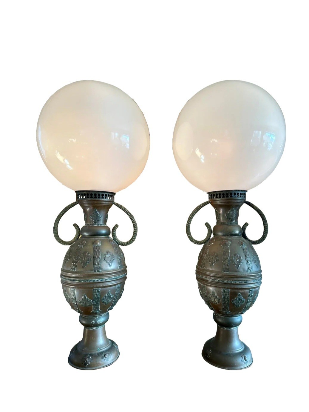 1920s Pair Antique Brass Moroccan Huge Double Handle Water Jug Globe Table Lamps