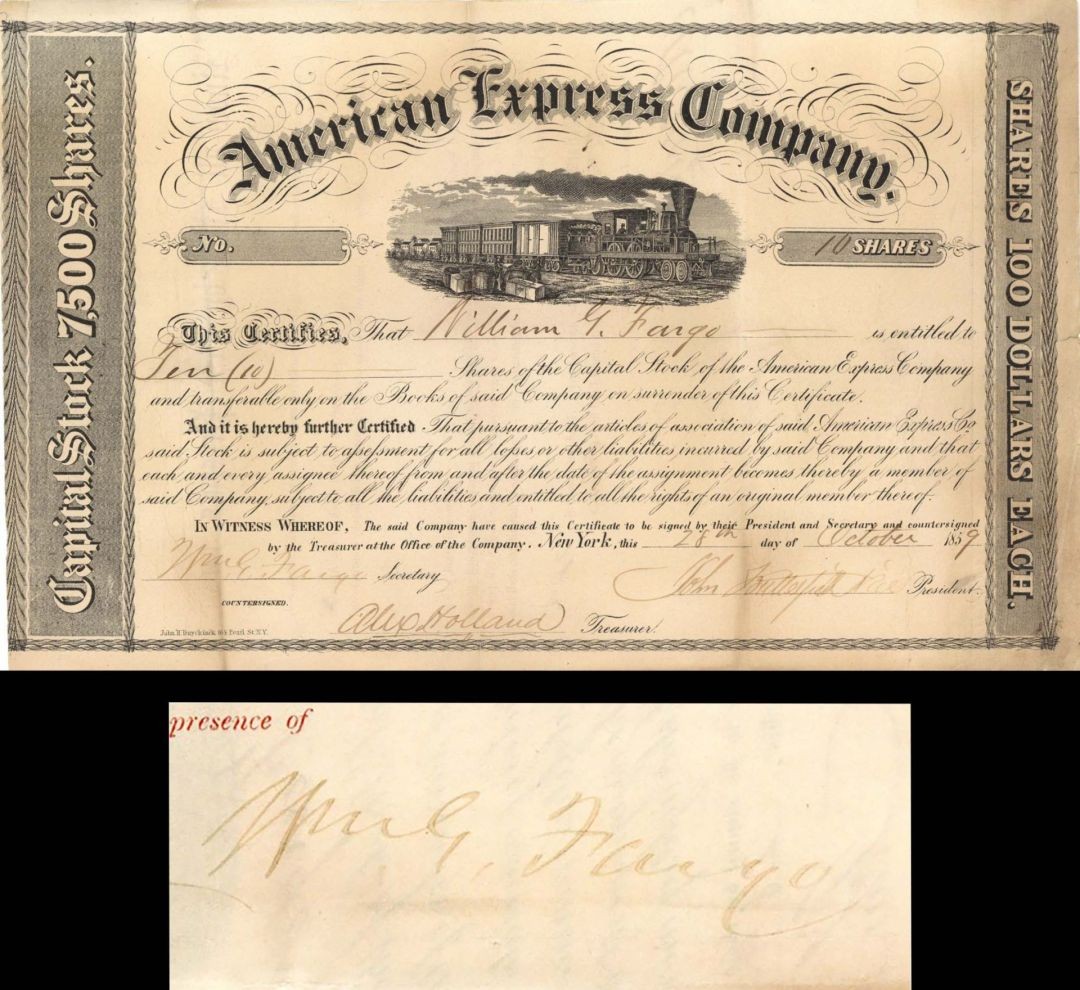 American Express Co. Issued to and Signed by William G. Fargo and John Butterf American Express Co. Issued to and Signed by William G. Fargo and John Butterf