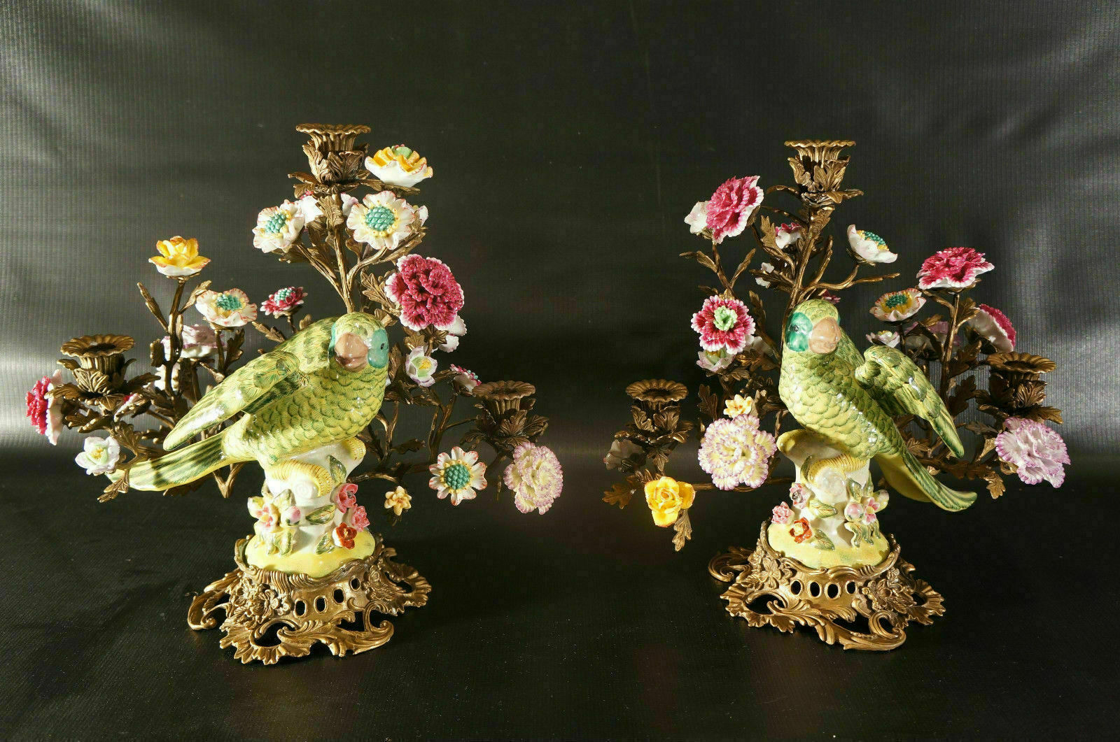 Wong Lee Ceramic and bronze Parrot And Flowers  Candelabra.
