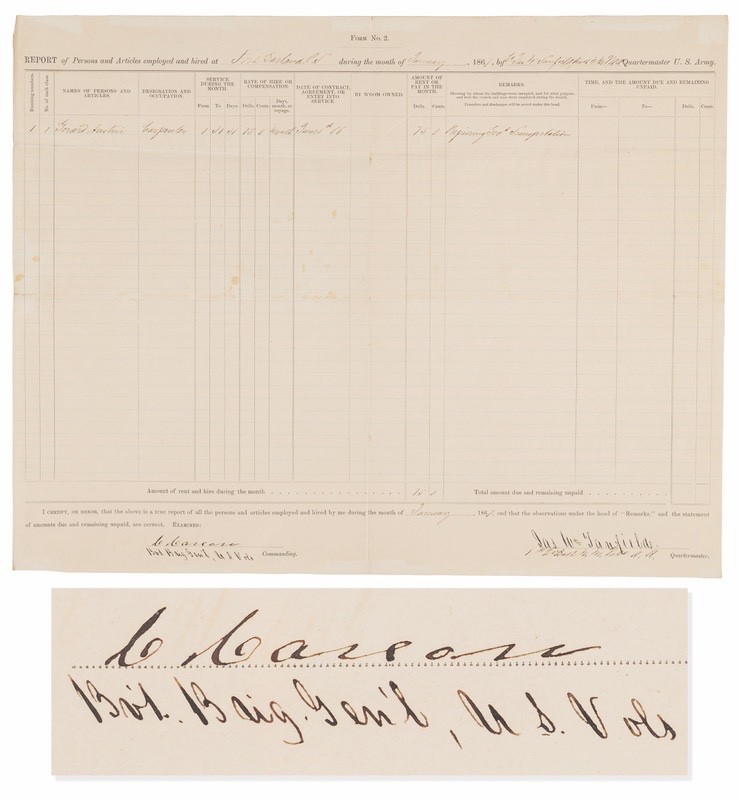 Rare Kit Carson signs as Commander of Ft Garland on  Colorado frontier 1867 PSA
