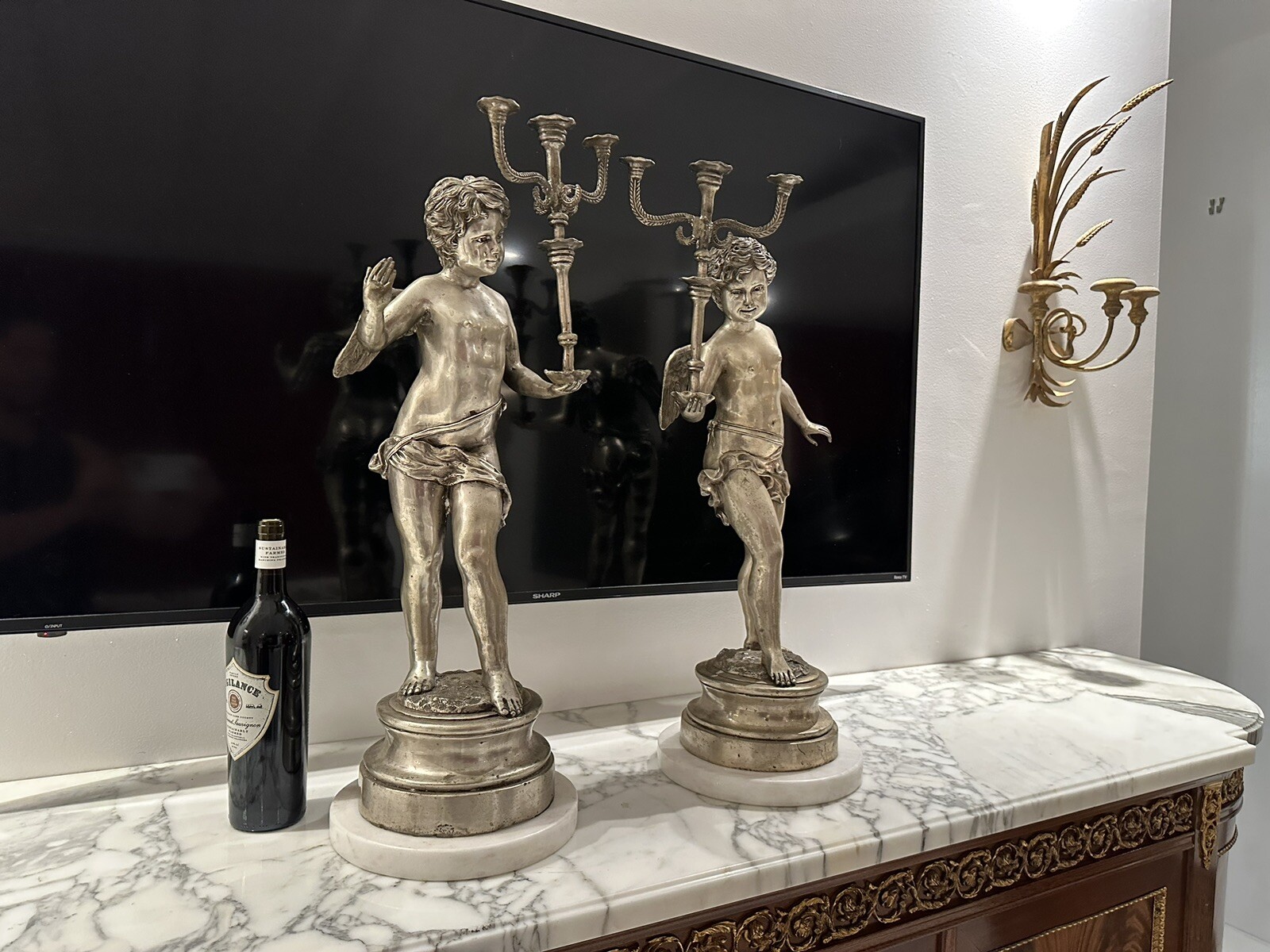 Stunning Pair of Mirroring Angel Candelabras - White Marble Bases, High Detail Stunning Pair of Mirroring Angel Candelabras - White Marble Bases, High Detail