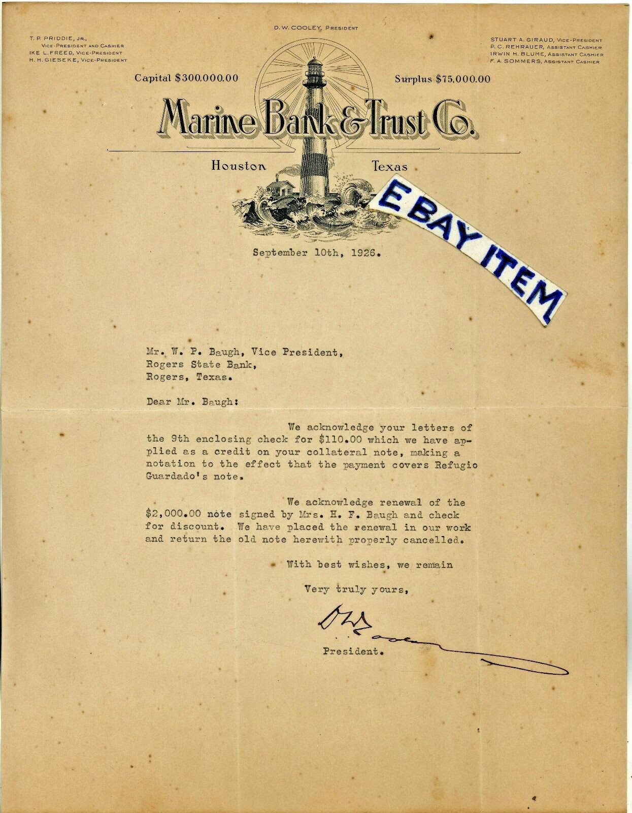 1926 MARINE BANK & TRUST Houston Texas COOLEY Priddie FREED Gieseke GIRAUD Blume 1926 MARINE BANK & TRUST Houston Texas COOLEY Priddie FREED Gieseke GIRAUD Blume