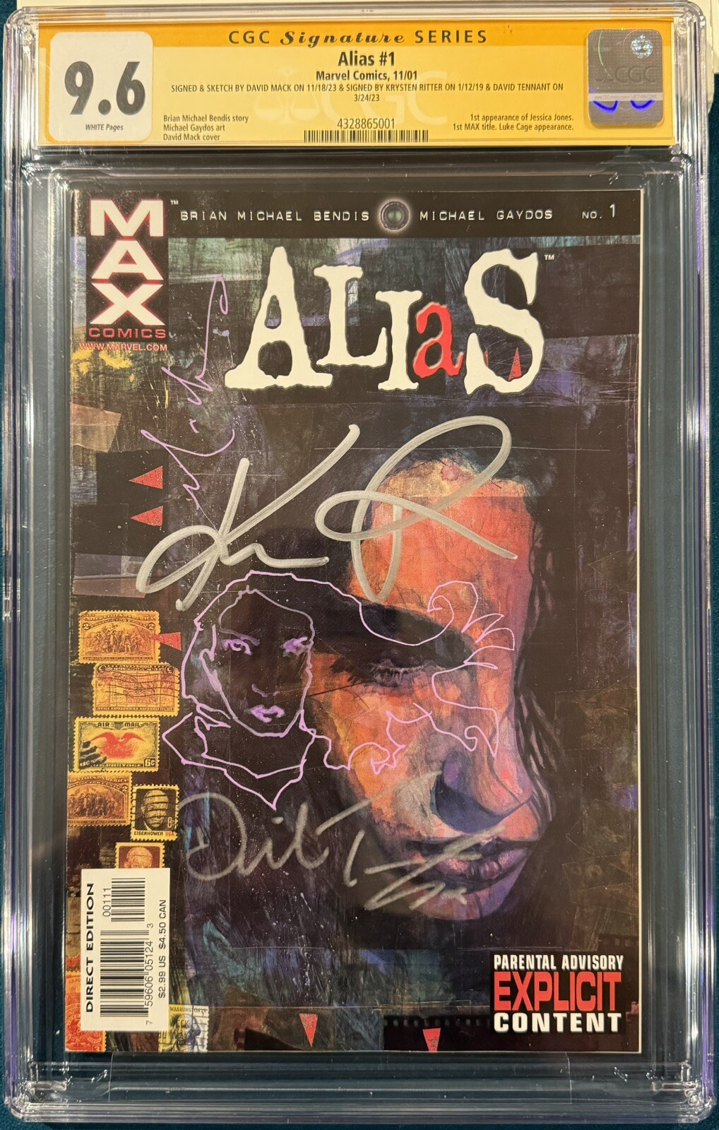 KRYSTEN RITTER DAVID TENNANT SIGNED CGC 9.6 ALIAS 1 COMIC BOOK DAVID MACK SKETCH