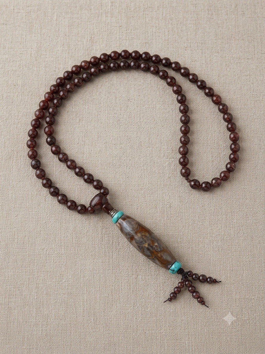 Authentic Conch Dzi Bead & Red Yiding Meteorite Prayer Mala Necklace  Tibetan