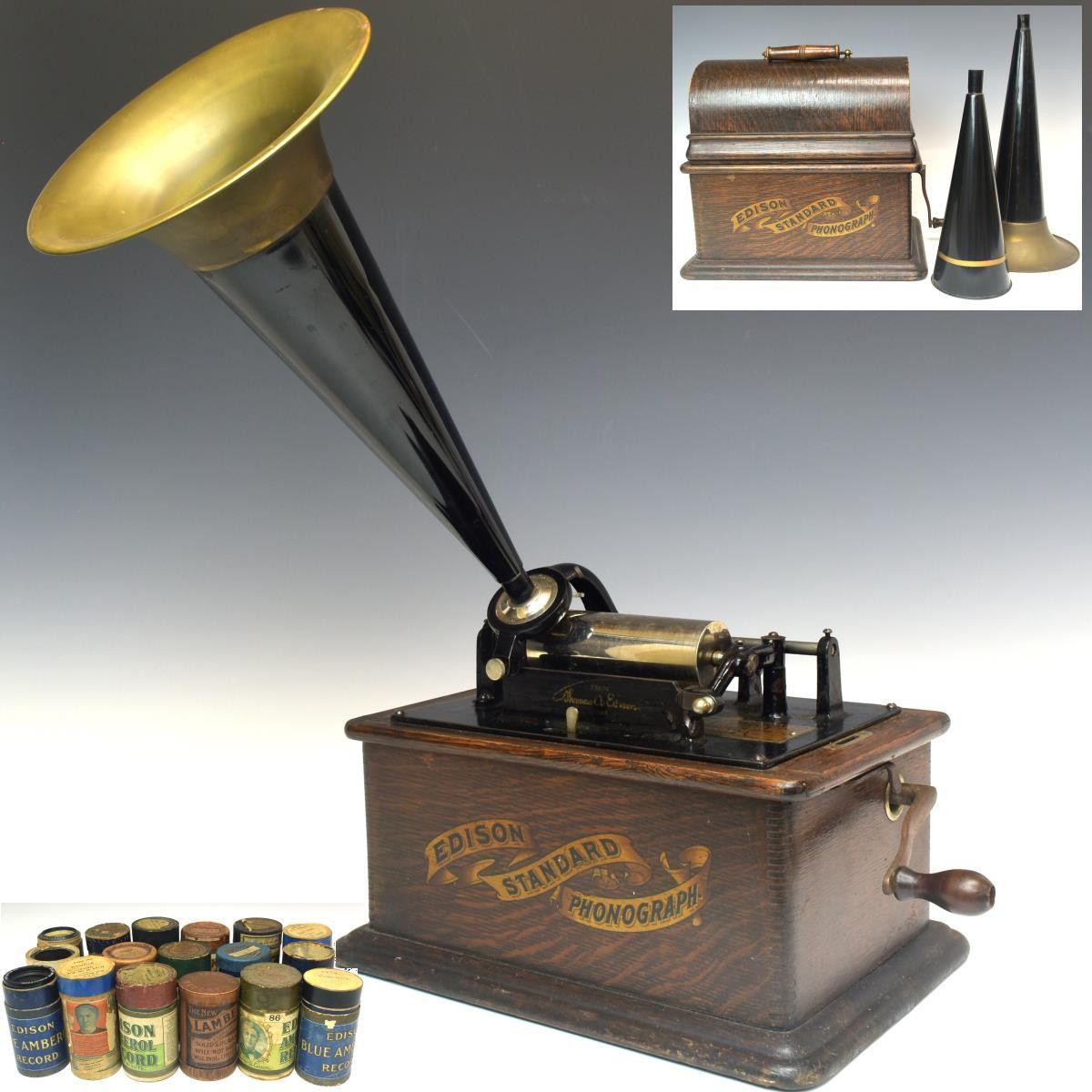 Antique EDISON STANDARD PHONOGRAPH Includes , 17 Wax Cylinders Rare , circa 1900 Antique EDISON STANDARD PHONOGRAPH Includes , 17 Wax Cylinders Rare , circa 1900