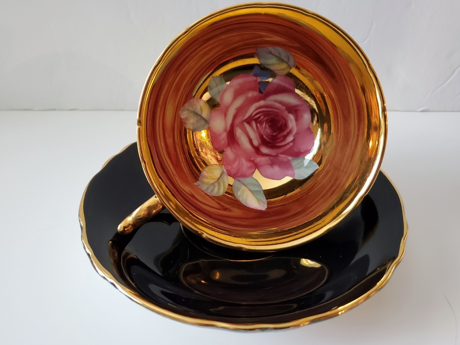 Paragon Cabbage Rose Teacup Saucer Black Gold A3921 Double Warrant Antique Rare Paragon Cabbage Rose Teacup Saucer Black Gold A3921 Double Warrant Antique Rare