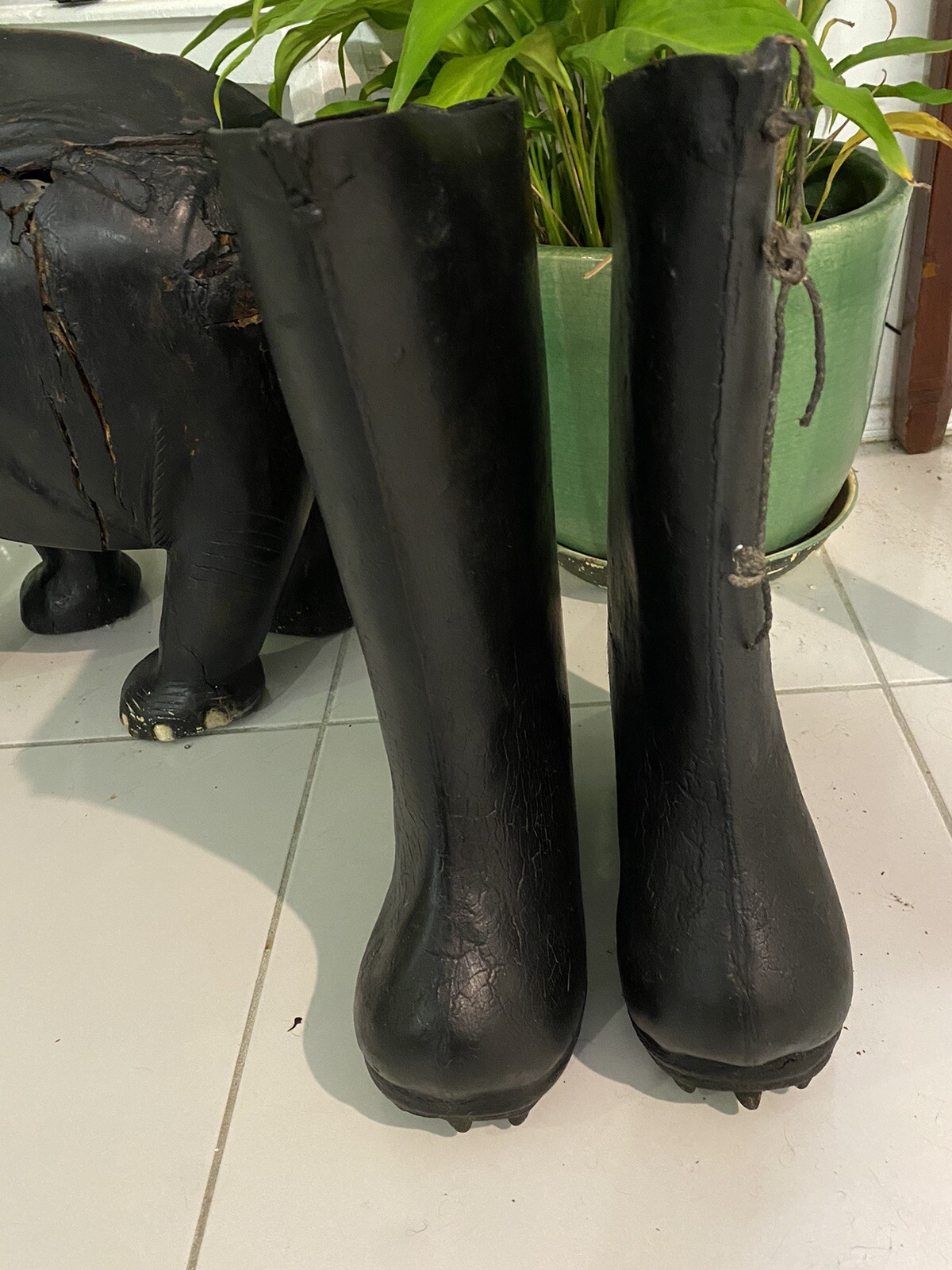 Antq. 1700s? rare pair Asian Leather rice paddy boots metal studs on base See P Antq. 1700s? rare pair Asian Leather rice paddy boots metal studs on base See P
