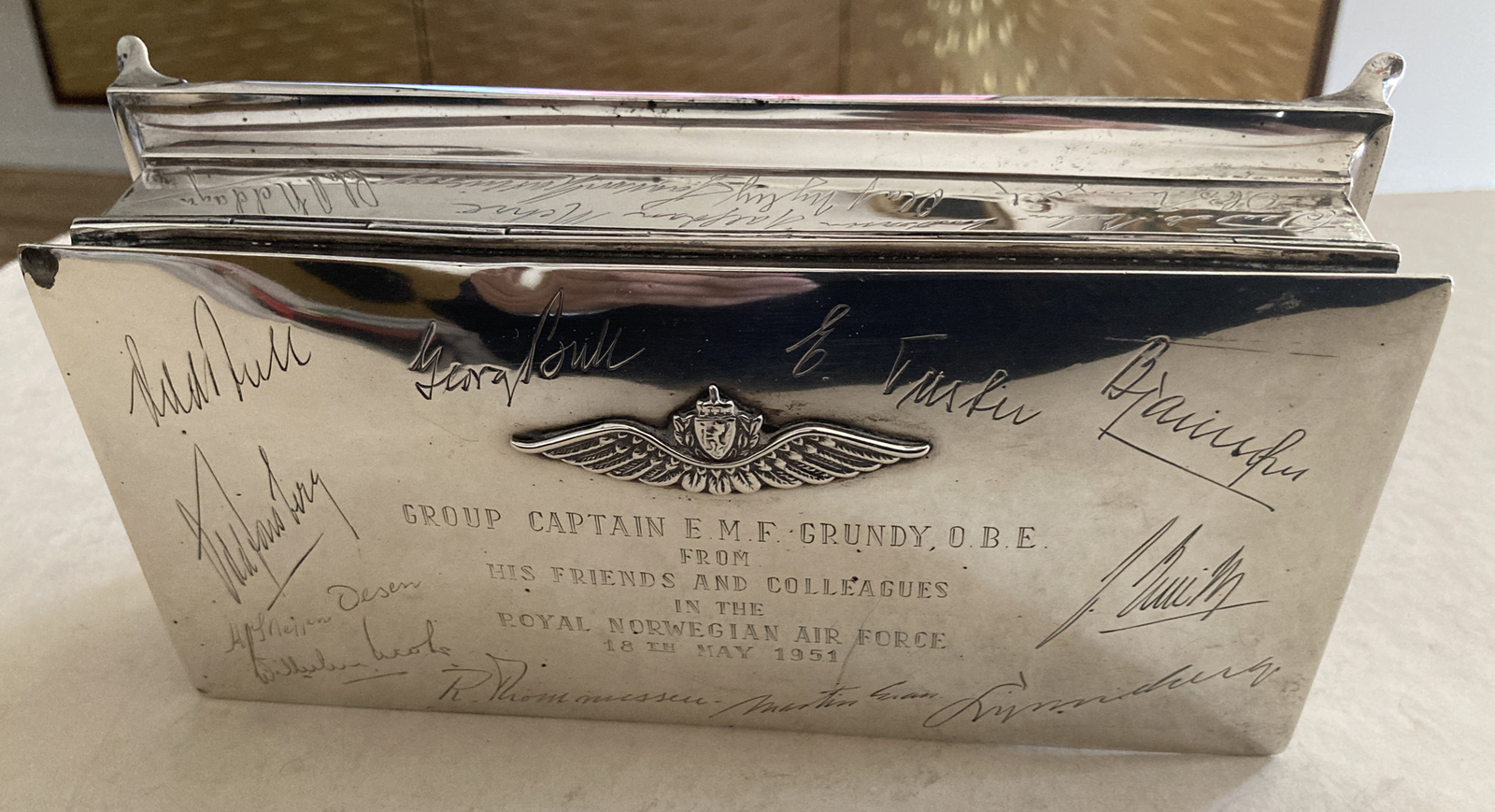 Air Marshal Sir E M F Grundy Royal Norwegian Air Force sterling silver cigar box Air Marshal Sir E M F Grundy Royal Norwegian Air Force sterling silver cigar box
