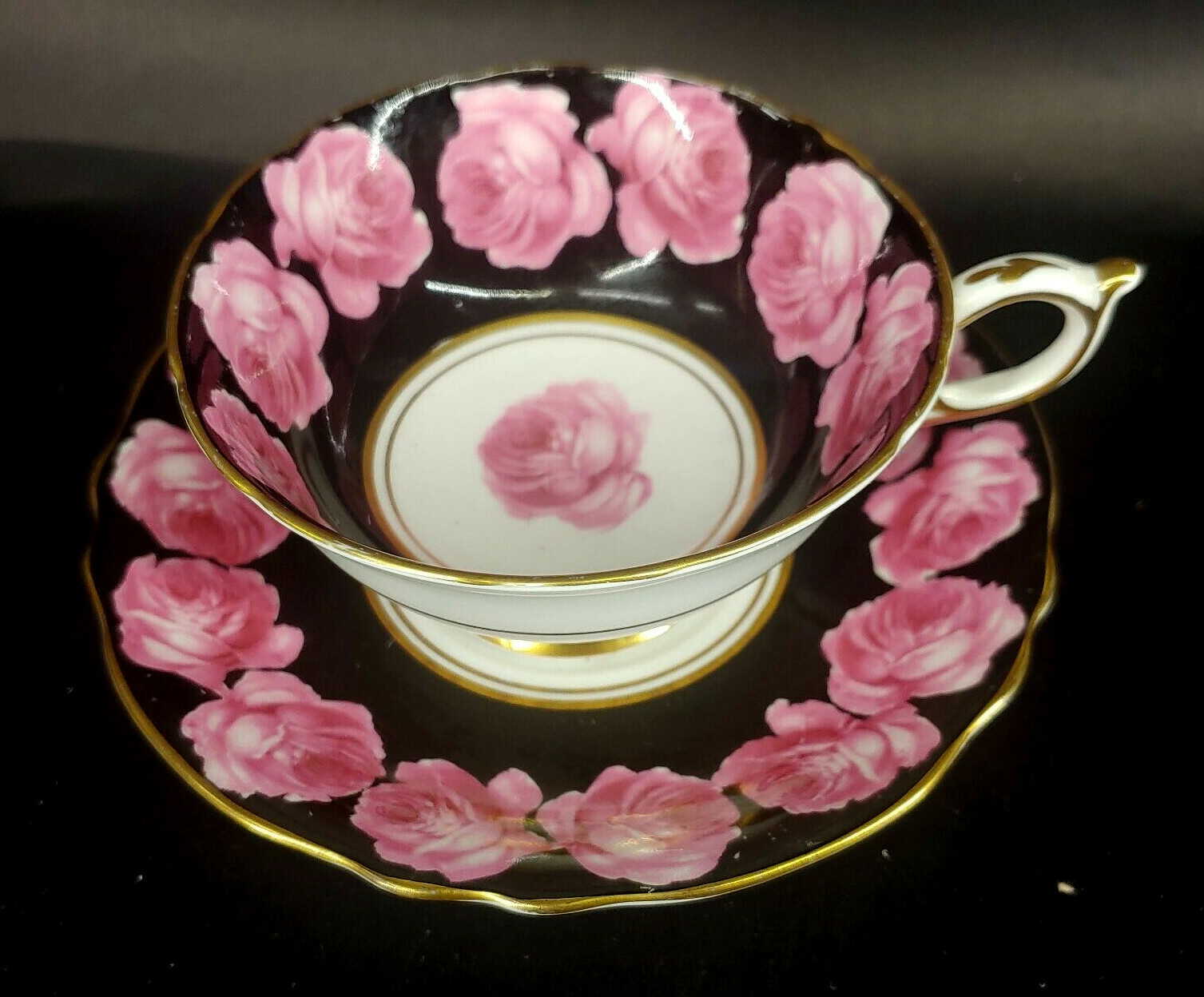 Paragon Pink Cabbage Rose Black Cup & Saucer Double Warrant England mABQ Paragon Pink Cabbage Rose Black Cup & Saucer Double Warrant England mABQ