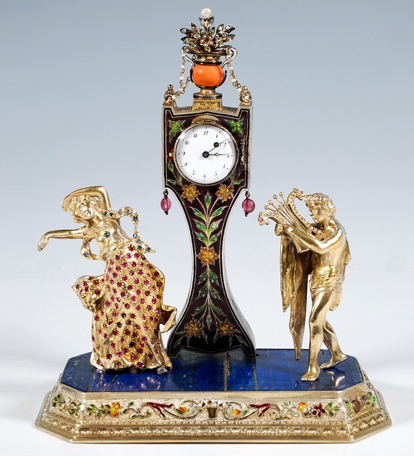 Viennese Silver Belle Époque Ornate Enamel Clock Table Clock S. Grünewald Viennese Silver Belle Époque Ornate Enamel Clock Table Clock S. Grünewald
