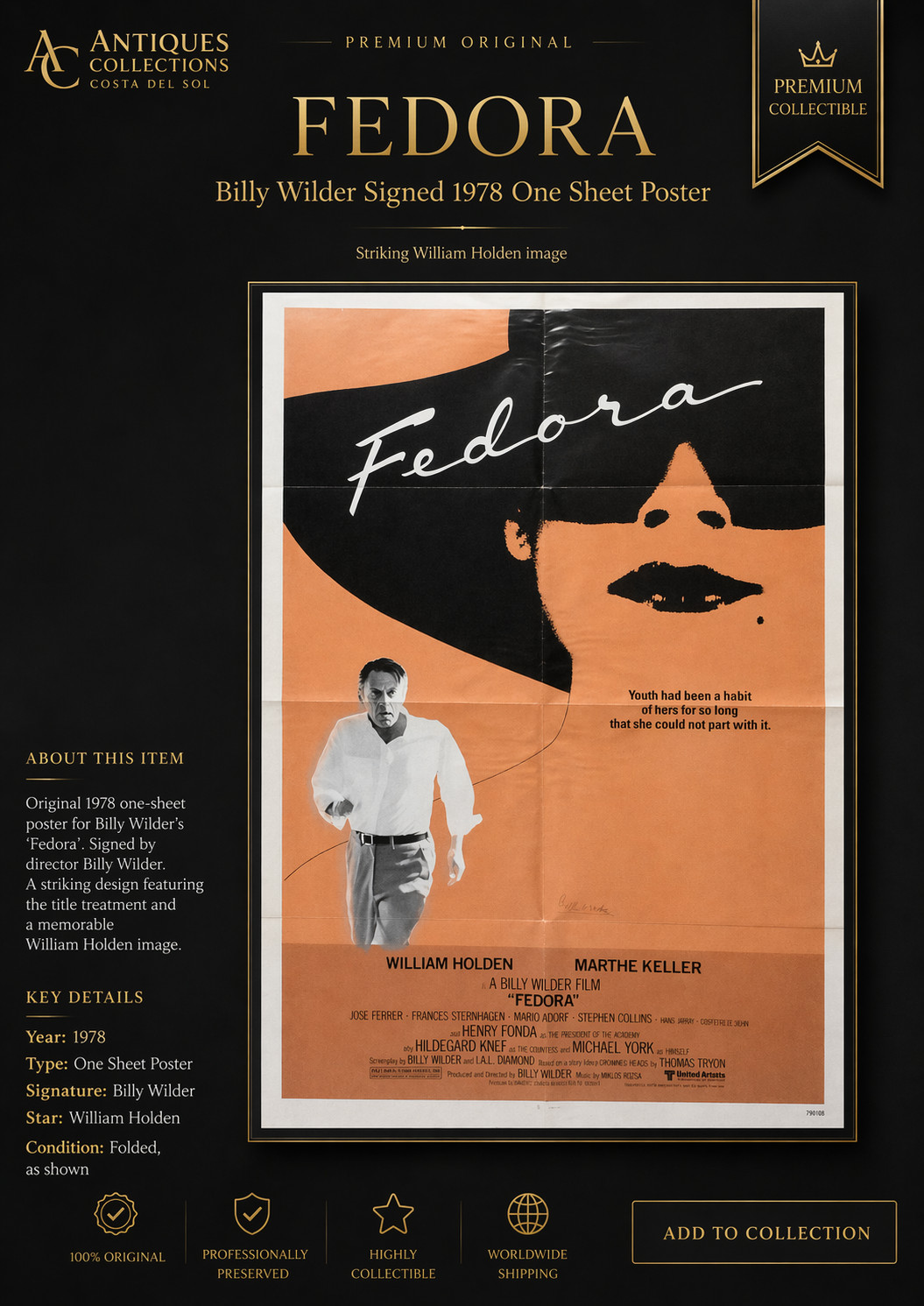 Fedora Billy Wilder Signed Original 1978 One Sheet Poster William Holden