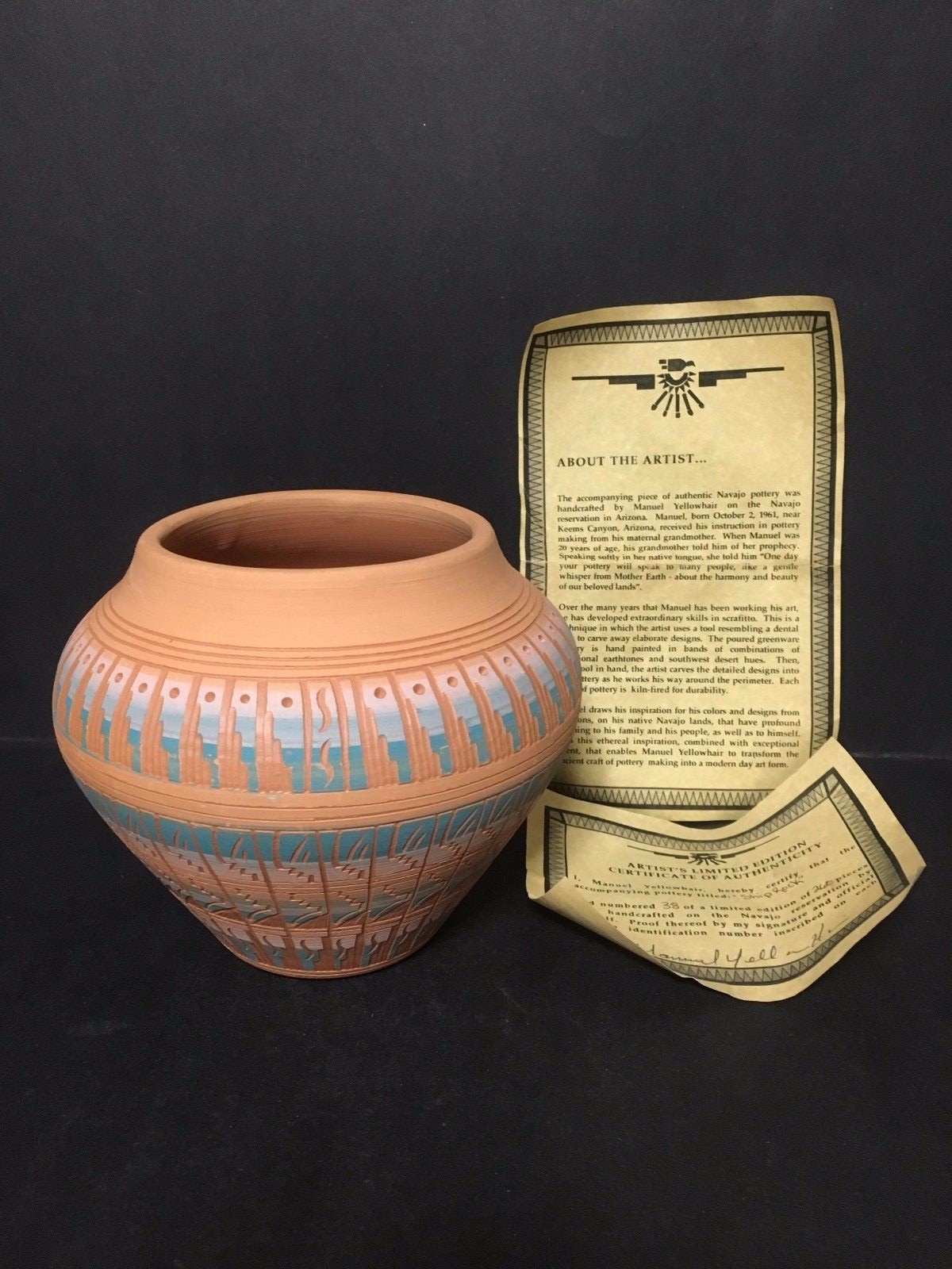 RARE SIGNED MANUEL YELLOWHAIR NAVAJO INDIAN ART POTTERY CLAY POT VASE #38/260