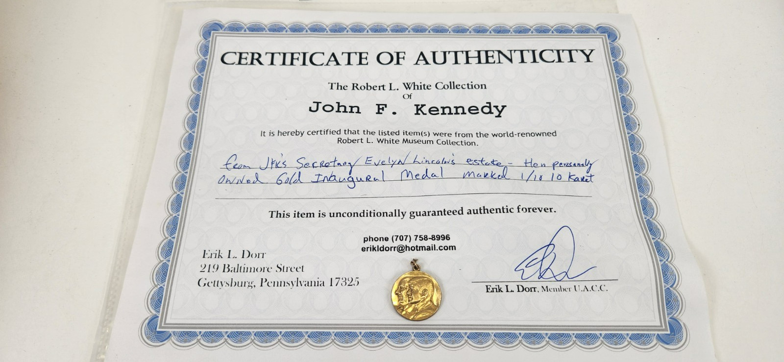 JFK Inaugural Ball Medal 1/10 10k Gold 1961 Evelyn Lincoln Kennedy Secretary COA JFK Inaugural Ball Medal 1/10 10k Gold 1961 Evelyn Lincoln Kennedy Secretary COA