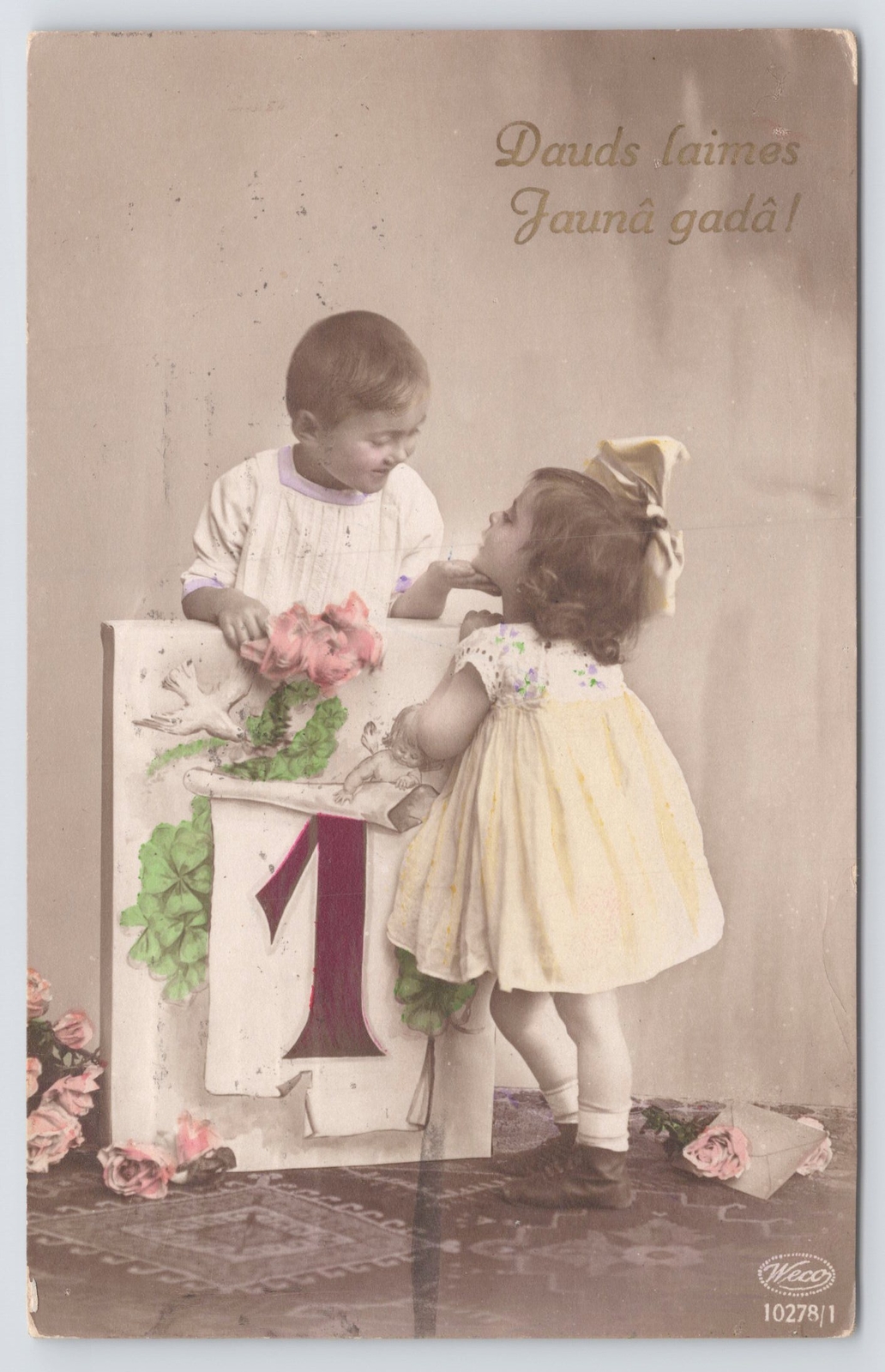 New Year Best Wishes In Latvian~Lil Boy & Girl~Lg “1” Cal Pg~Real Photo PC~RPPC