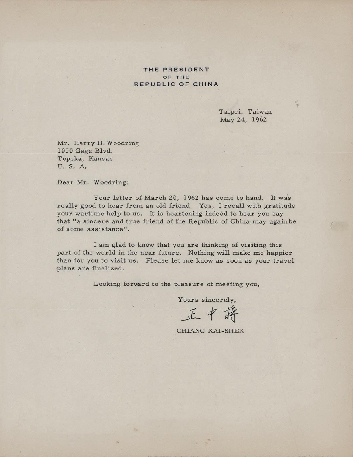 Chiang Kai-Shek 1962 Typed Letter Signed - To FDR's Secretary of War - China