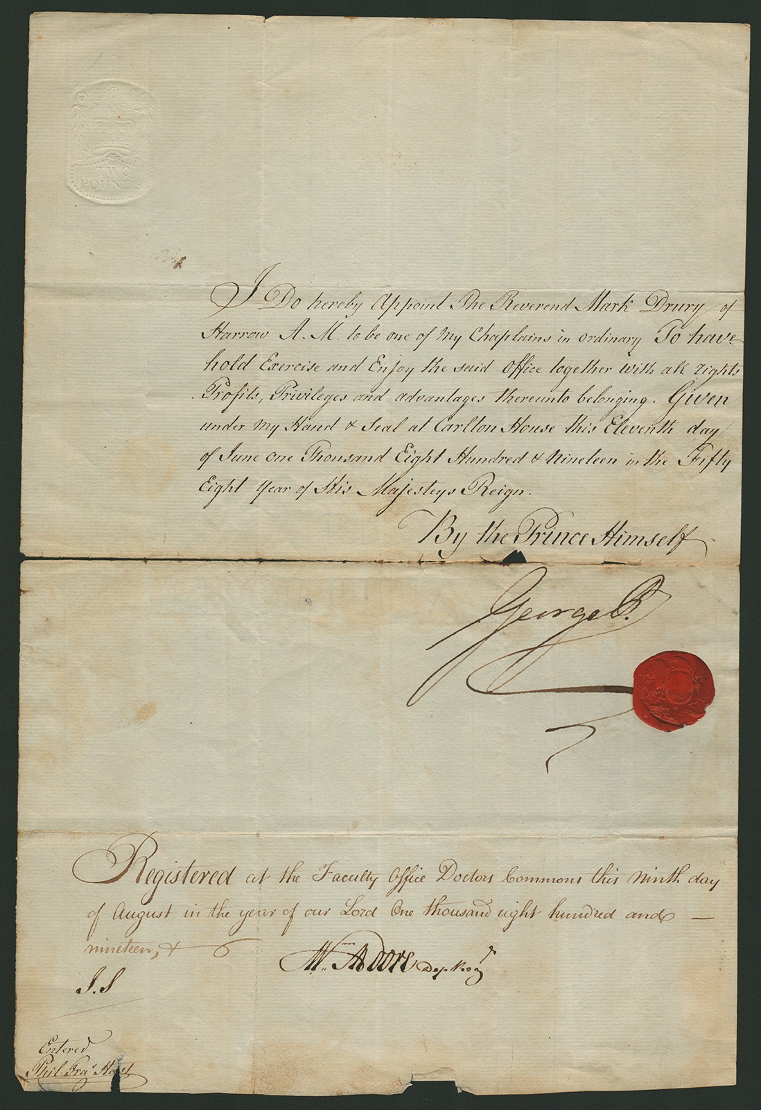 KING GEORGE IV (GREAT BRITAIN) - CIVIL APPOINTMENT SIGNED 06/11/1819 KING GEORGE IV (GREAT BRITAIN) - CIVIL APPOINTMENT SIGNED 06/11/1819
