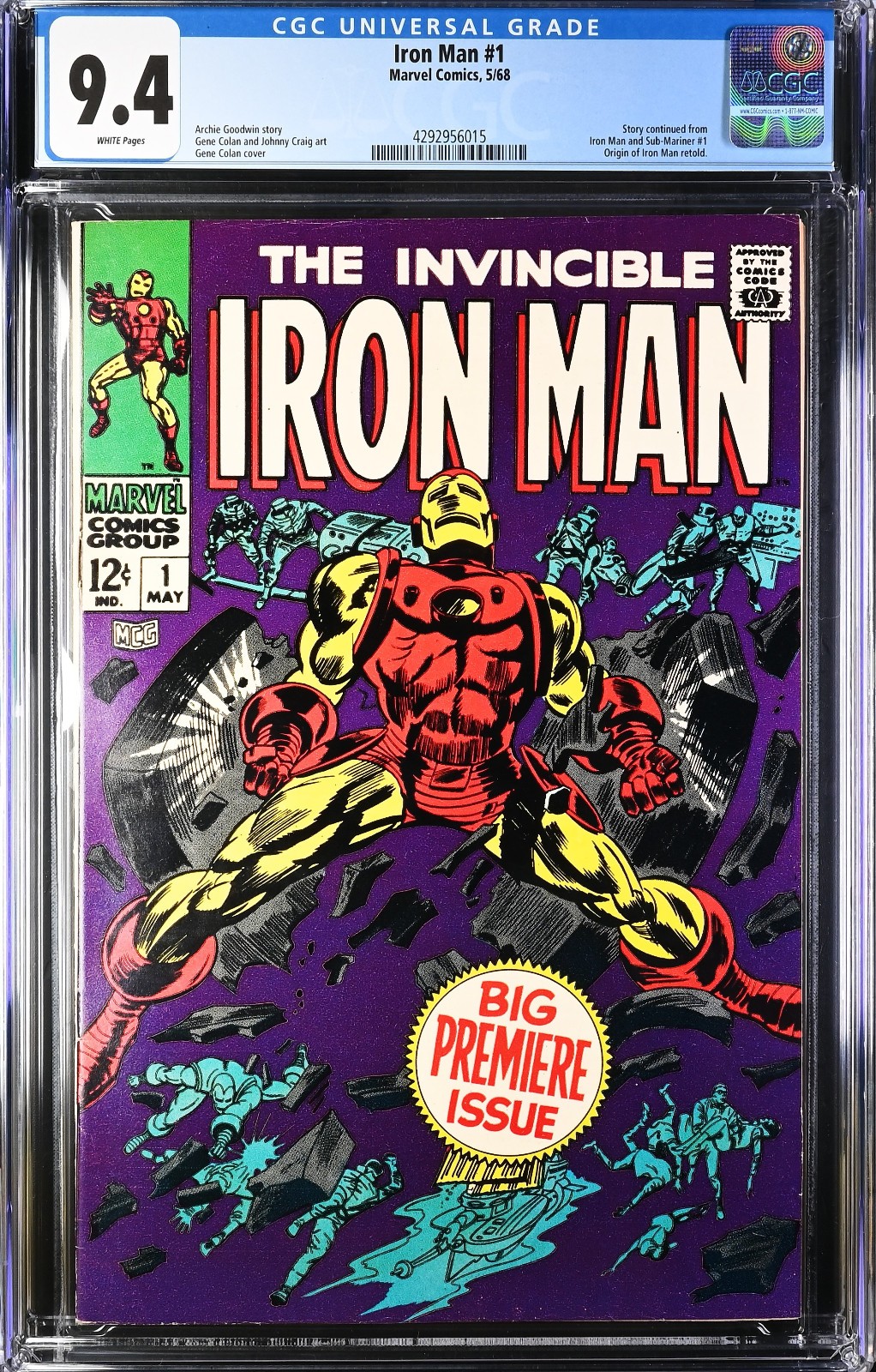 Iron Man #1 (1968) CGC 9.4 NM WHITE Pages KEY Origin Iconic Gene Colan Cover