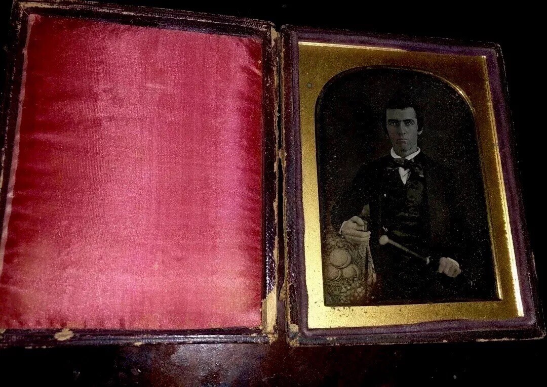 Rare 1840s 1/4 Daguerreotype Man Holding Samurai Sword? Texas, Possibly Sealed