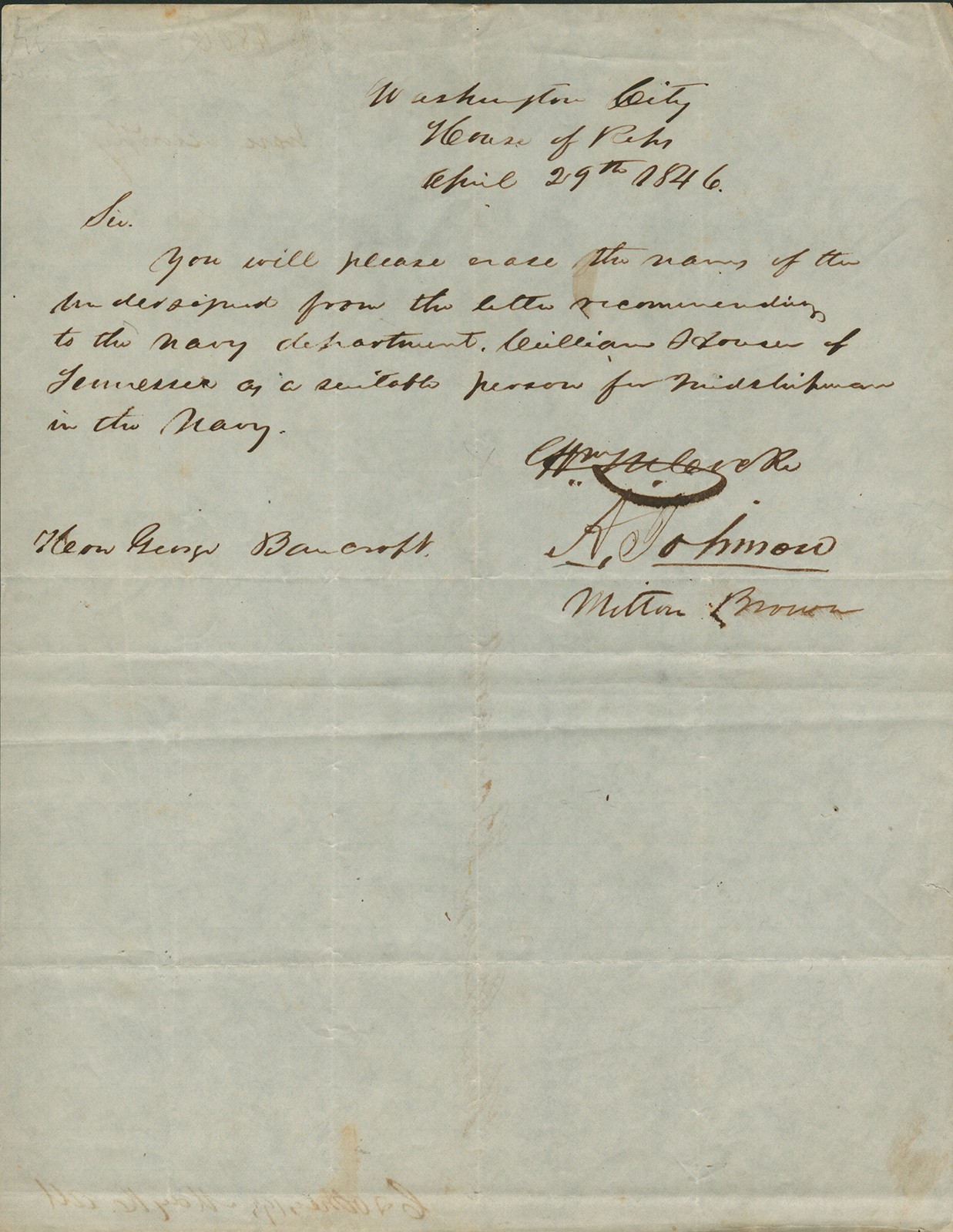 ANDREW JOHNSON - MANUSCRIPT LETTER SIGNED 04/29/1846 WITH CO-SIGNERS ANDREW JOHNSON - MANUSCRIPT LETTER SIGNED 04/29/1846 WITH CO-SIGNERS