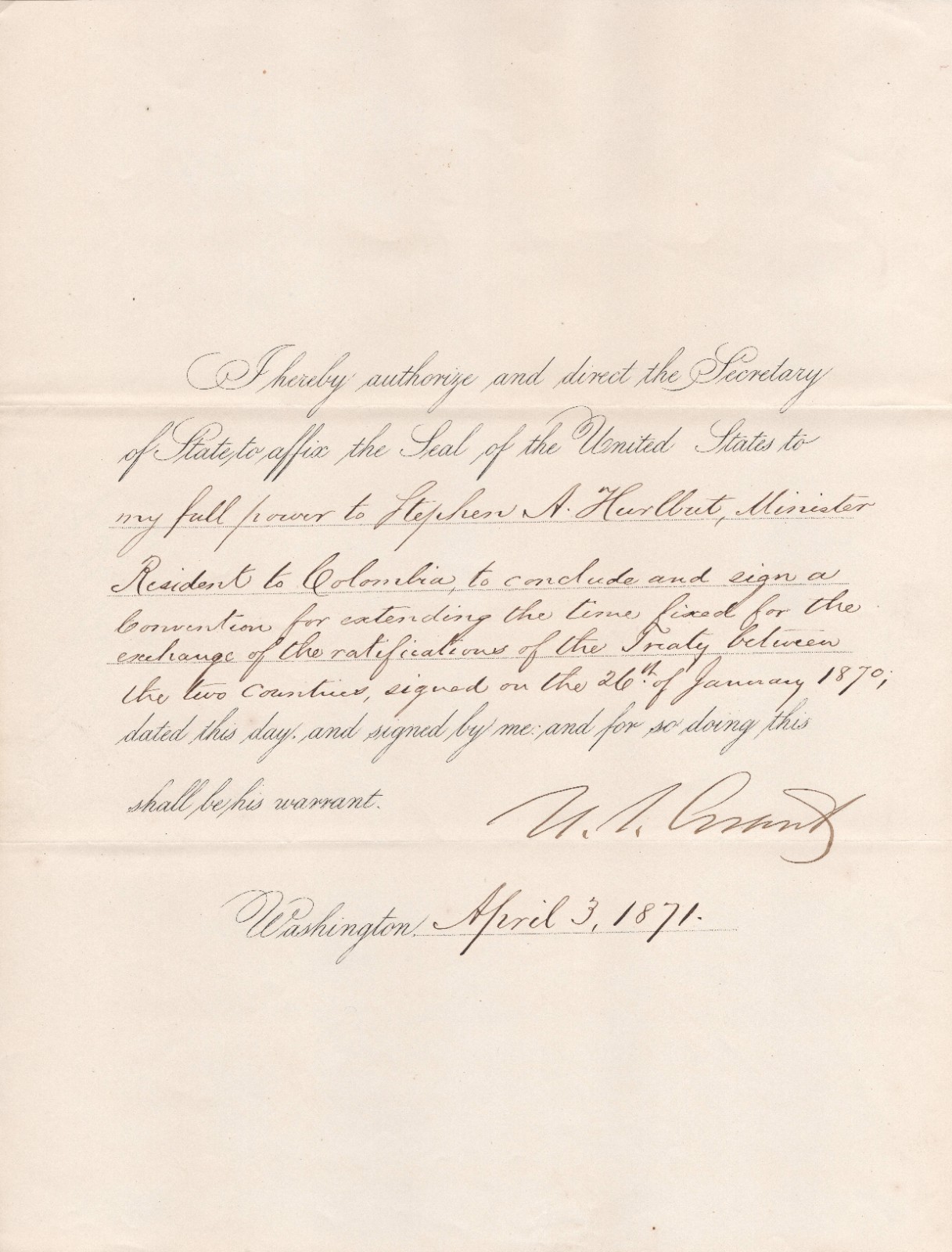 Ulysses S Grant Document Signed - Earliest Attempt for Panama Interoceanic Canal