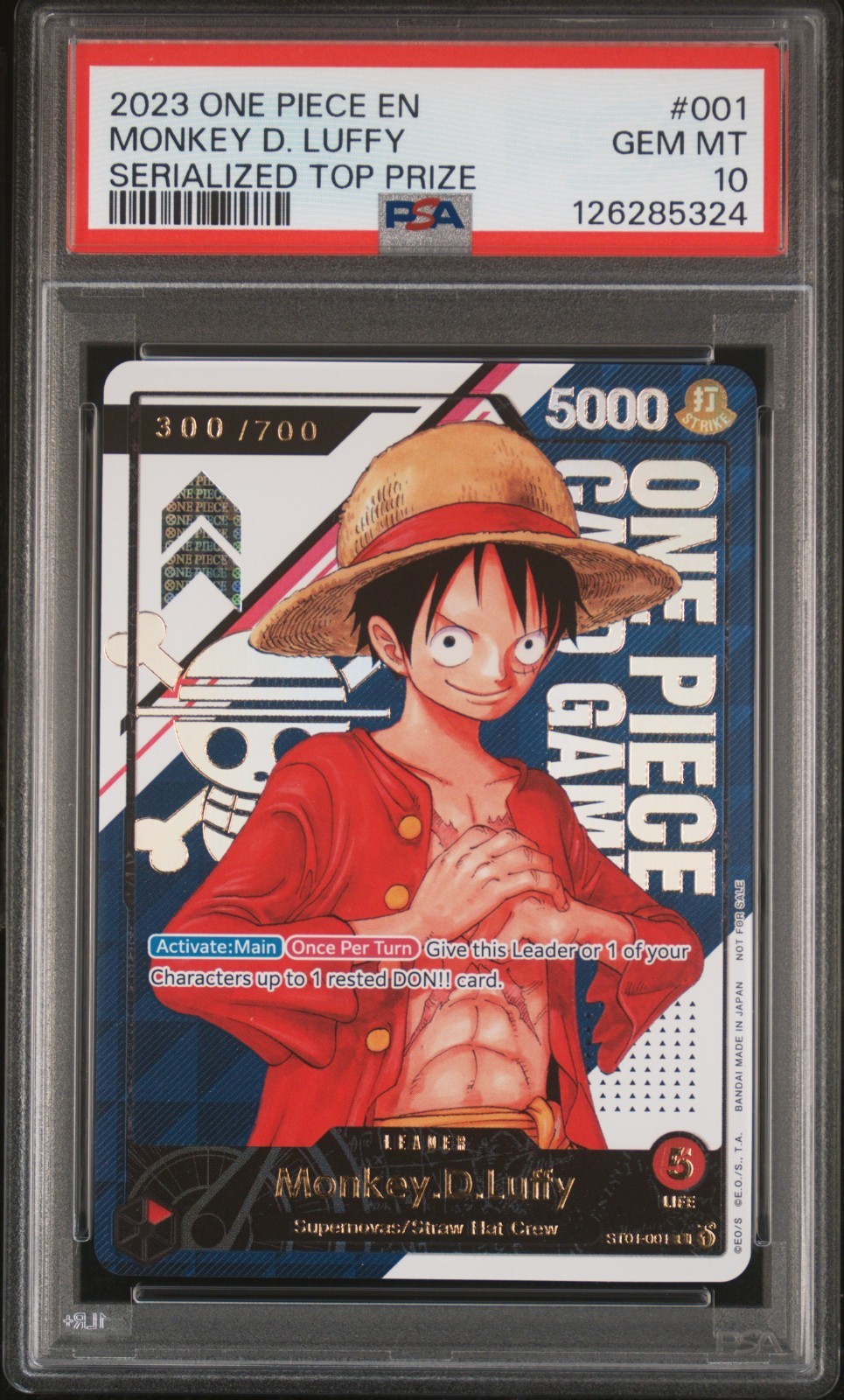 One Piece TCG Monkey D. Luffy Prize Card ST01-001 PSA 10 GEM MINT 300/700 One Piece TCG Monkey D. Luffy Prize Card ST01-001 PSA 10 GEM MINT 300/700