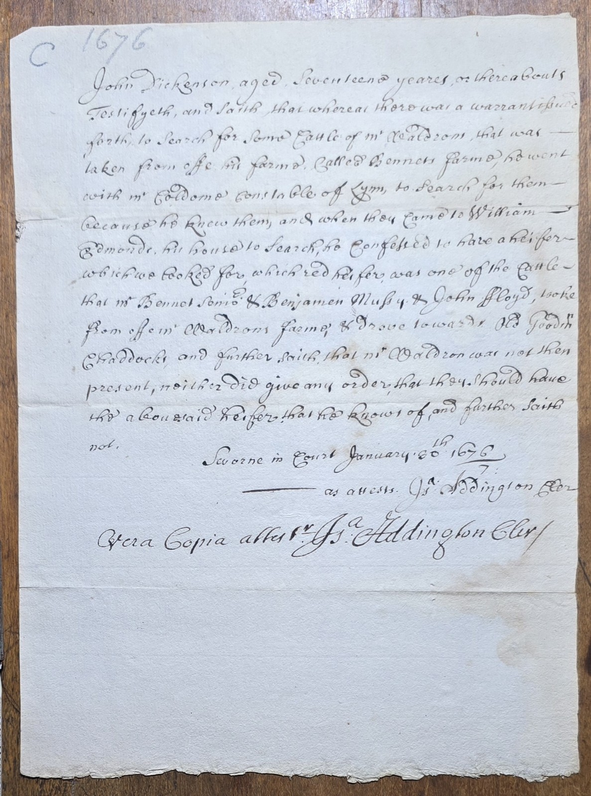 SALEM WITCH TRIAL GRAND JURY MEMBER ADDINGTON 1676 LYNN SAUGUS MA HEIFER THEFT