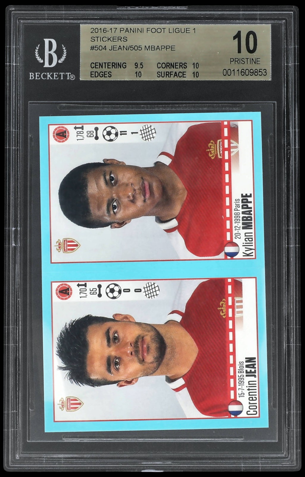 2016-17 PANINI FOOT LIGUE 1 STICKERS #504 JEAN/505 MBAPPE BGS 10