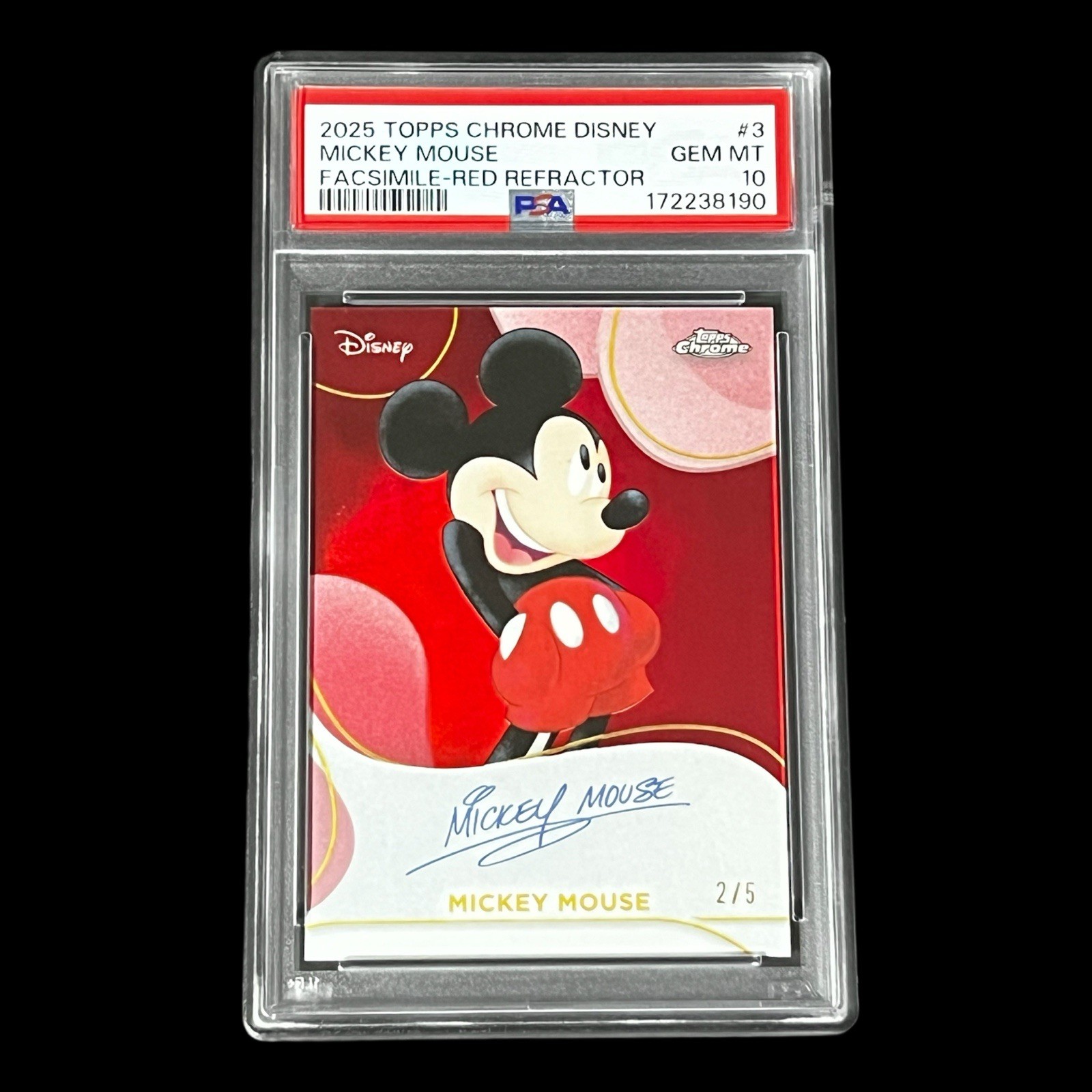 2025 Topps Chrome Disney Mickey Mouse Facsimile Auto Red Refractor /5 PSA 10 2025 Topps Chrome Disney Mickey Mouse Facsimile Auto Red Refractor /5 PSA 10