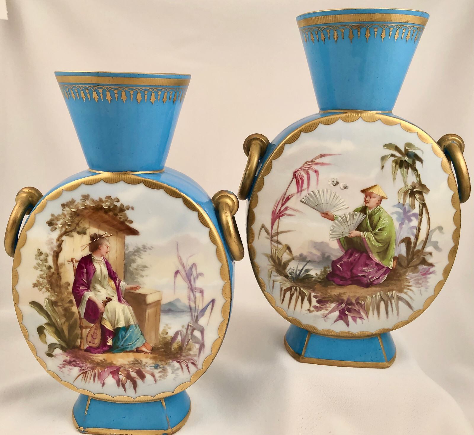 Pair 19th C. H. Ardant Paris Porcelain Chinoiserie Vases, Celeste Blue