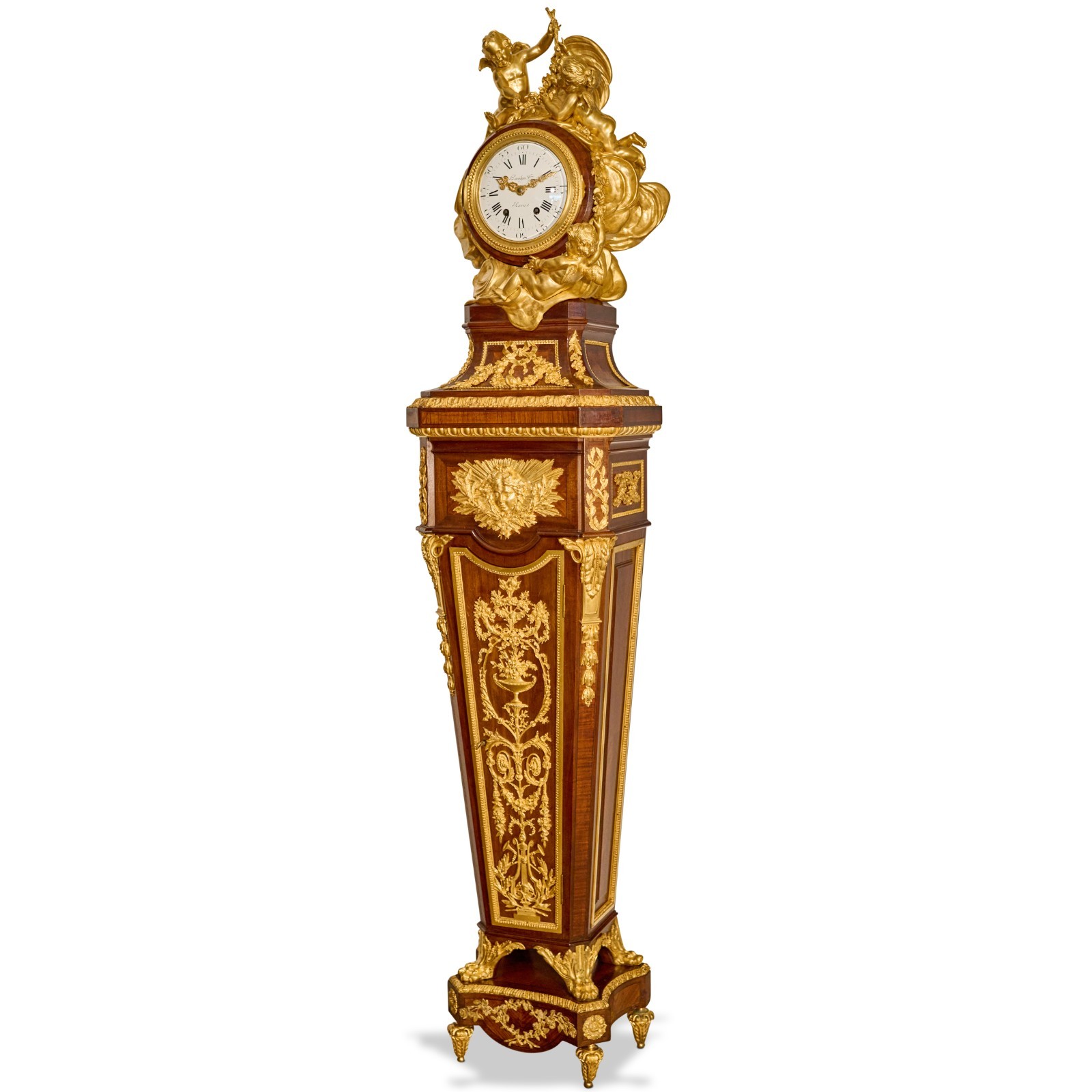 Antique French Louis XVI Gilt Bronze & Mahogany Longcase Clock Haentges Frères Antique French Louis XVI Gilt Bronze & Mahogany Longcase Clock Haentges Frères