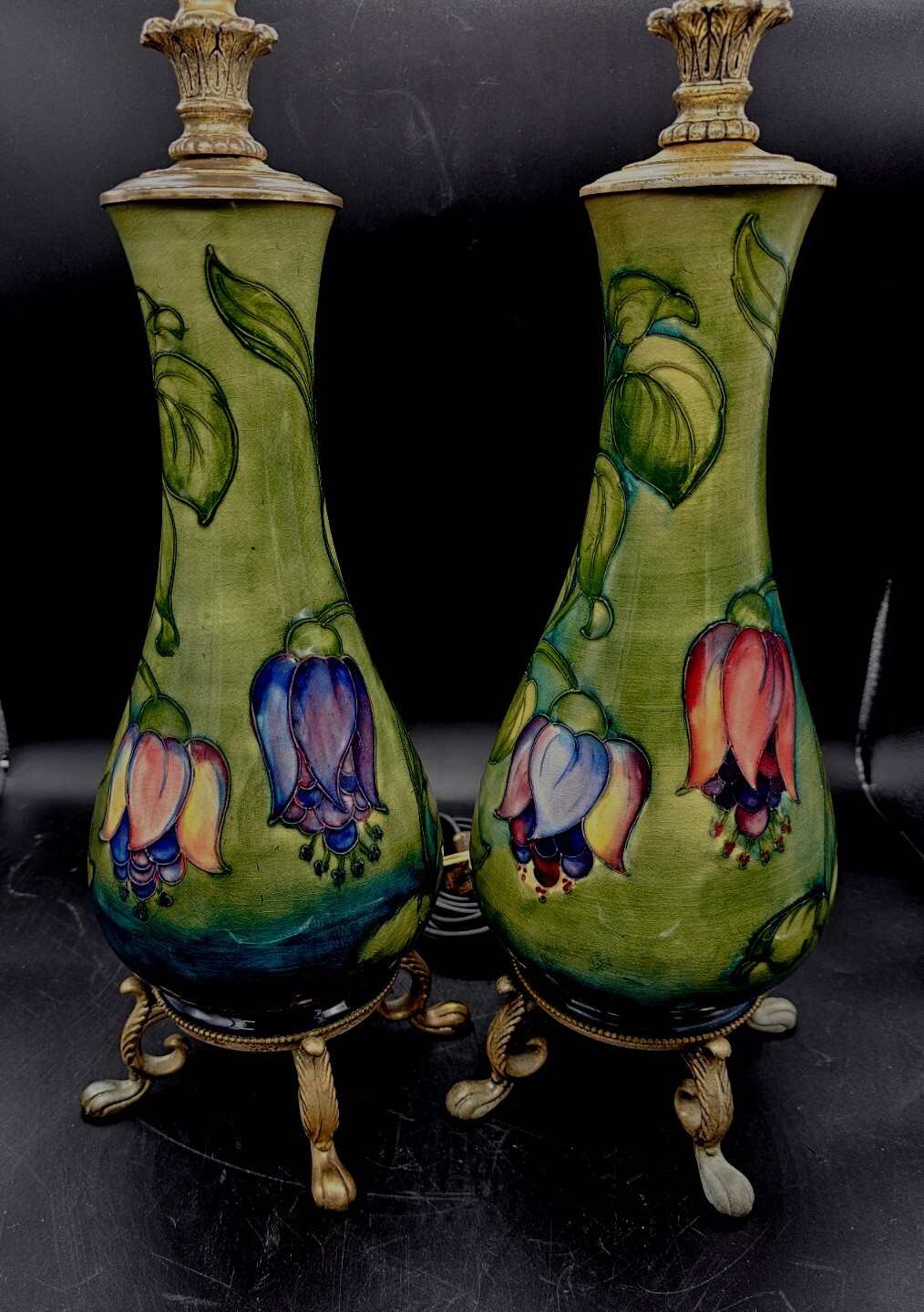 2 - 1948 Walter MOORCROFT Art Pottery Large Fuschia Floral Table Lamp SET WORK 2 - 1948 Walter MOORCROFT Art Pottery Large Fuschia Floral Table Lamp SET WORK