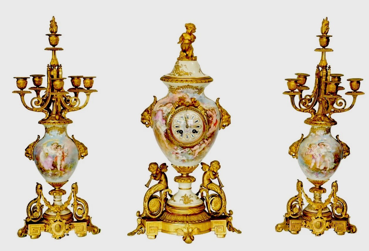 Exceptional Quality Antique Tiffany & Co Porcelain & Bronze 3 Piece Clock Set Exceptional Quality Antique Tiffany & Co Porcelain & Bronze 3 Piece Clock Set
