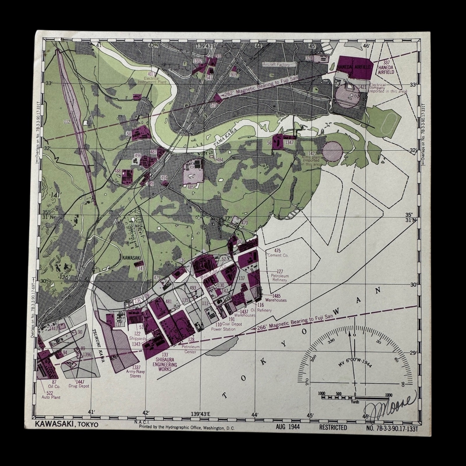 WWII 1944 Lt. Moore USS Enterprise Air Group Kawasaki TOKYO Japan Target Map WWII 1944 Lt. Moore USS Enterprise Air Group Kawasaki TOKYO Japan Target Map