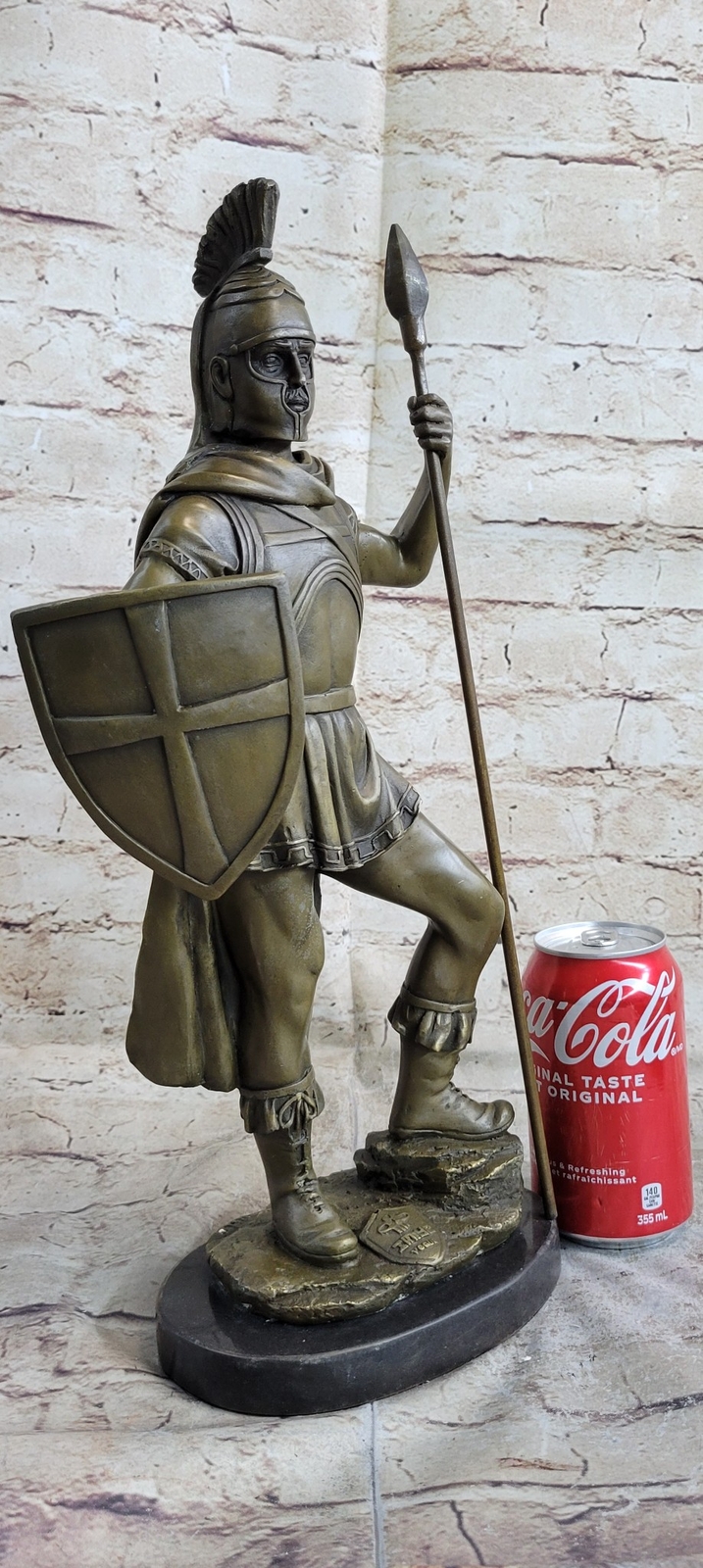 Hand Crafted Roman Warrior W/ Sword and Spear Bronze Marble Sculpture Statue NR