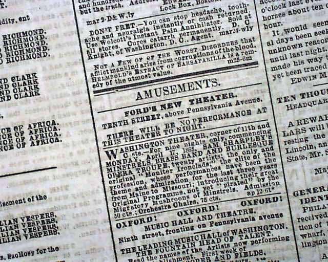 Best ABRAHAM LINCOLN Assassination Ford's Theatre 1865 Washington D.C. Newspaper Best ABRAHAM LINCOLN Assassination Ford's Theatre 1865 Washington D.C. Newspaper