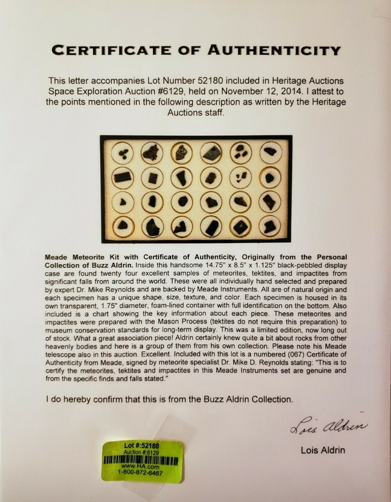 Buzz Aldrin's Personal Meade Meteorite Collection, w/CoA Signed By Lois Aldrin. Buzz Aldrin's Personal Meade Meteorite Collection, w/CoA Signed By Lois Aldrin.