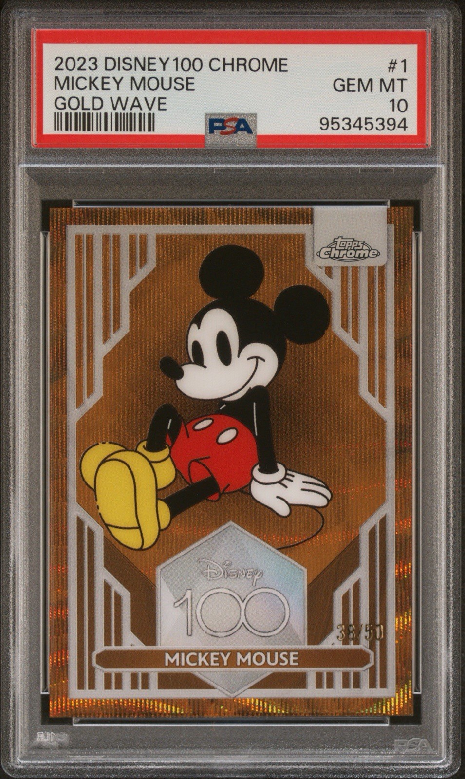 2023 Topps Chrome Disney 100 Mickey Mouse Gold Wave Refractor PSA 10 2023 Topps Chrome Disney 100 Mickey Mouse Gold Wave Refractor PSA 10