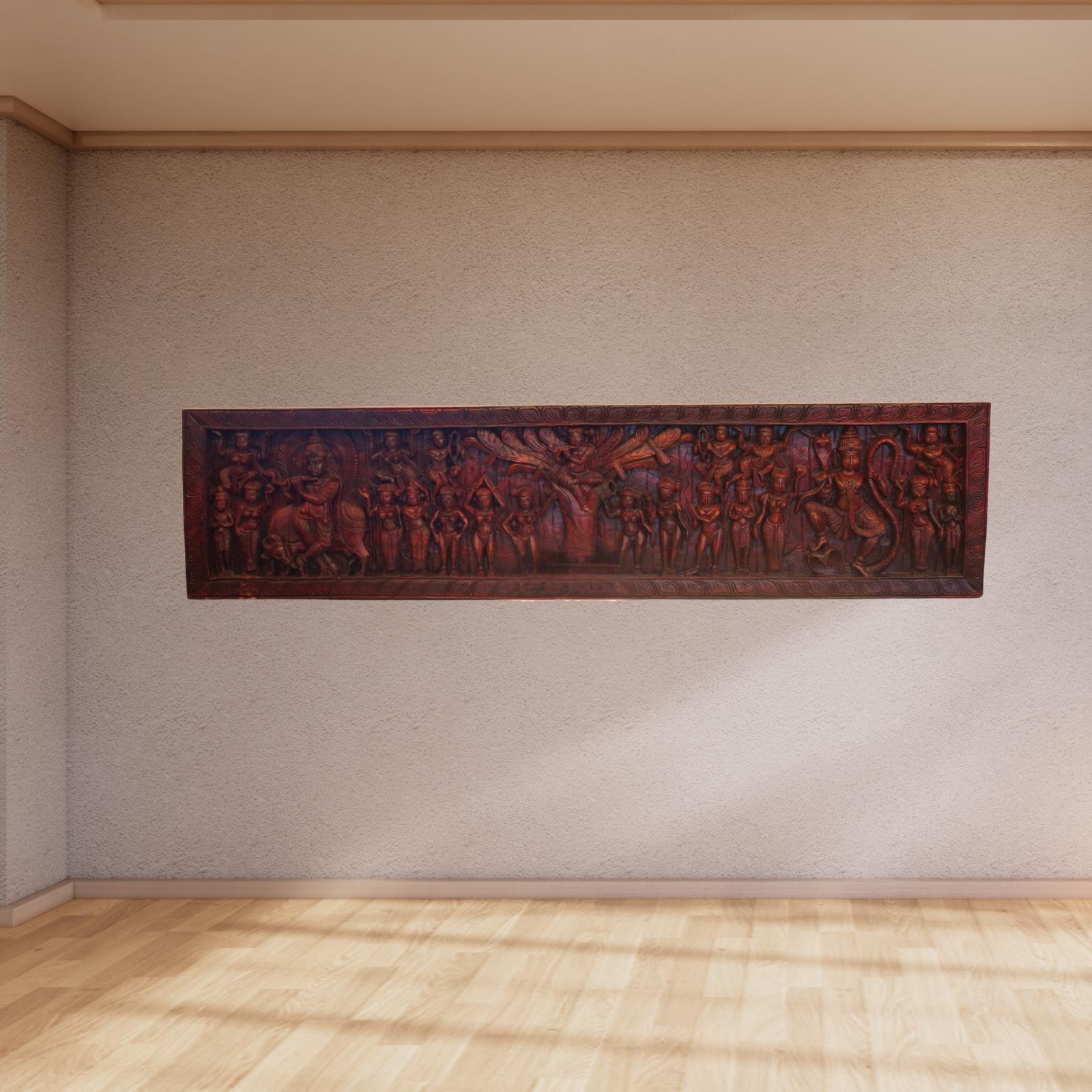 Krishna Lilas Red Wood Wall Panel 72” Hand Carved India Spiritual Wall Art