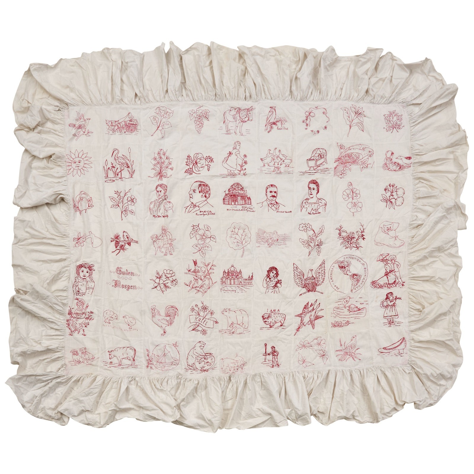 Antique American Embroidered Quilt 1901 Pan American McKinley Teddy Roosevelt Antique American Embroidered Quilt 1901 Pan American McKinley Teddy Roosevelt