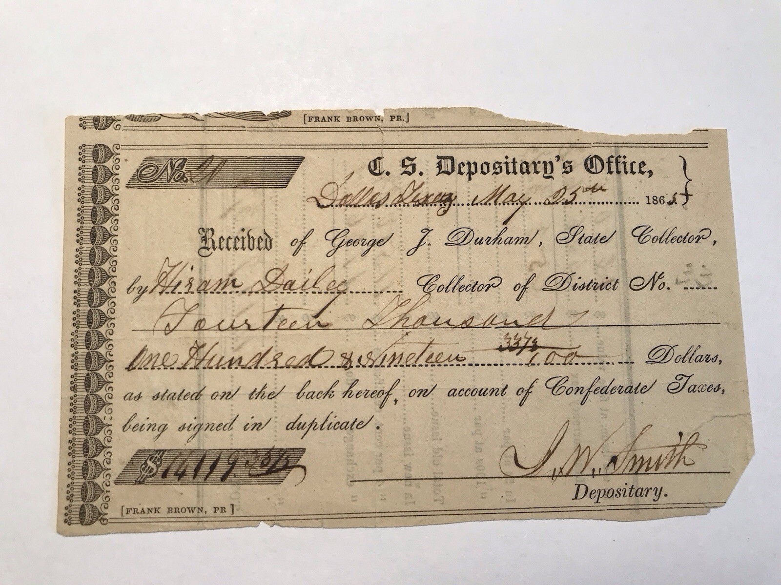 A&O-1865 R-15 Dallas, Texas C.S. Depositary Office TX-23 Signed J.W. Smith Dep. A&O-1865 R-15 Dallas, Texas C.S. Depositary Office TX-23 Signed J.W. Smith Dep.