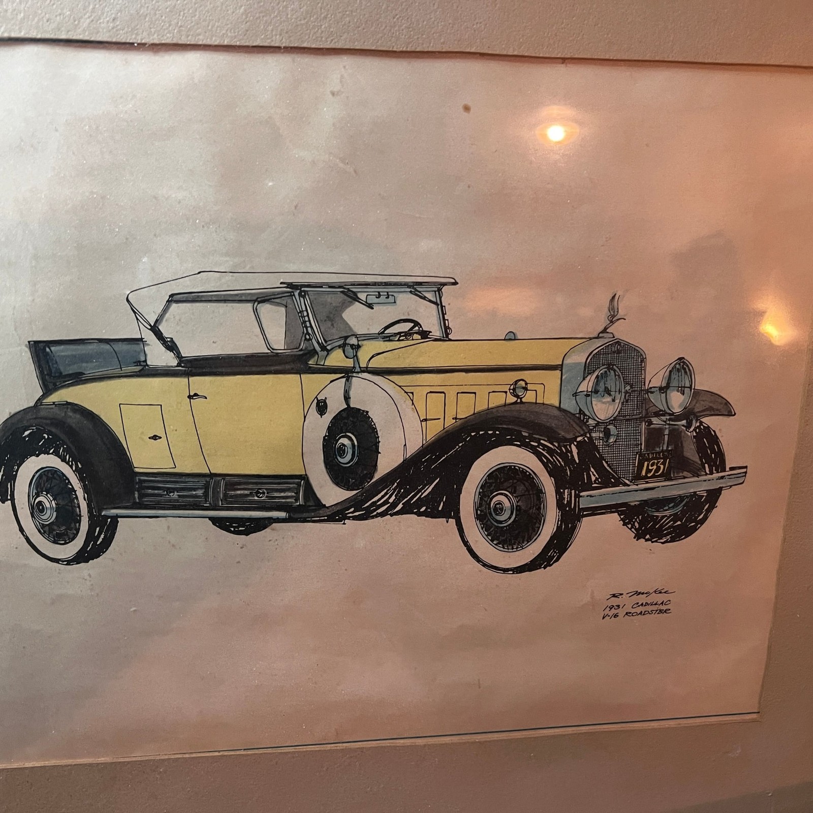 Vintage 1931 Cadillac V-16 Roadster Car Illustration by R. McKee