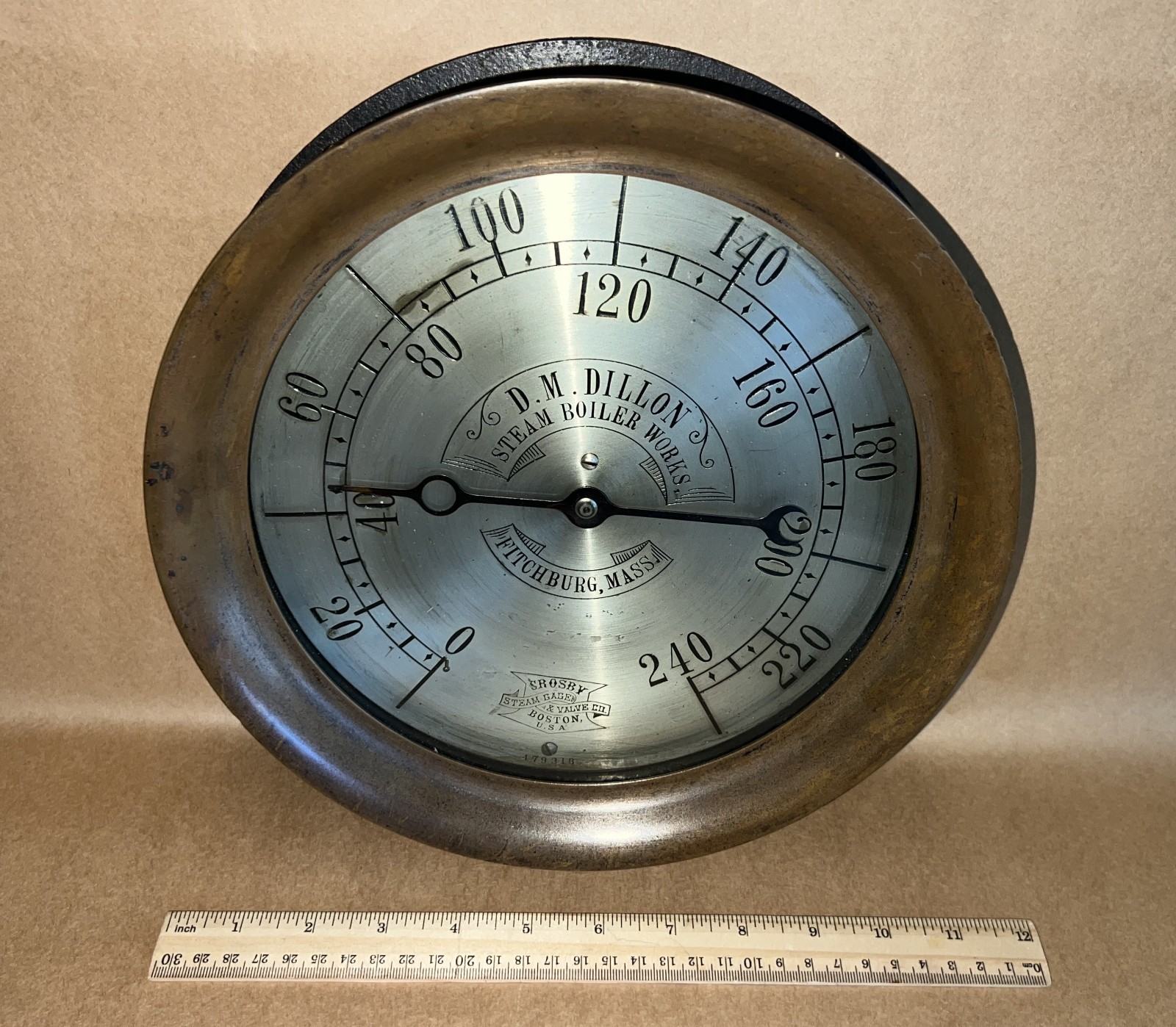 Antique DM Dillon Steam Boiler Works Crosby Steam Gage &Valve Co Large Gauge