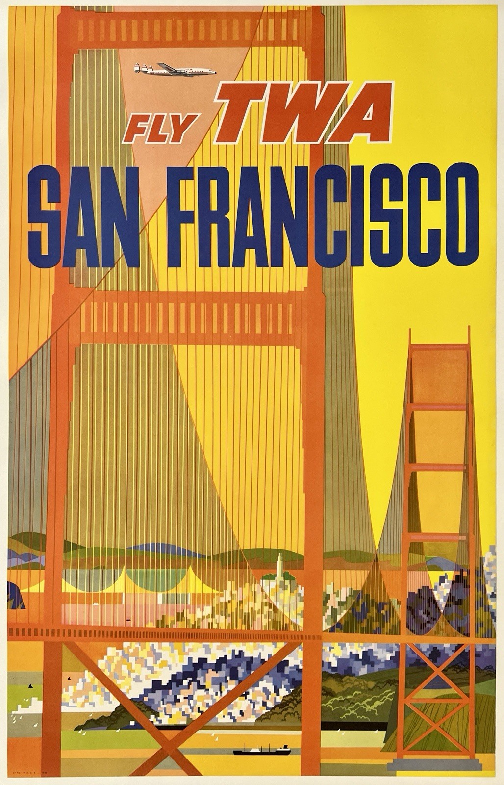 Original Vintage Poster FLY TWA SAN FRANCISCO Airline Travel 