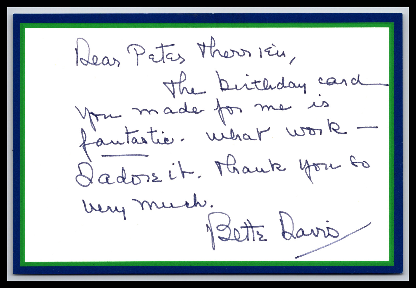 Bette Davis - Actress - 6x4 Written Note - Signed / Autograph