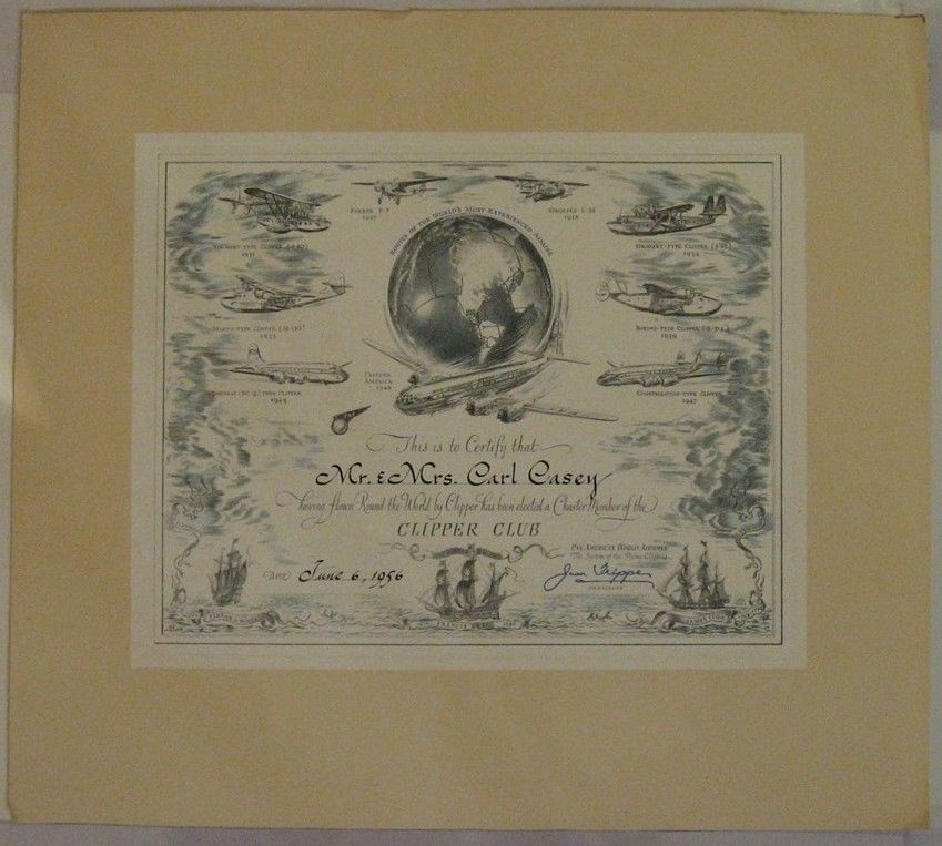 Pan American World Airways Round the World Clipper Certificate & Membership Card Pan American World Airways Round the World Clipper Certificate & Membership Card