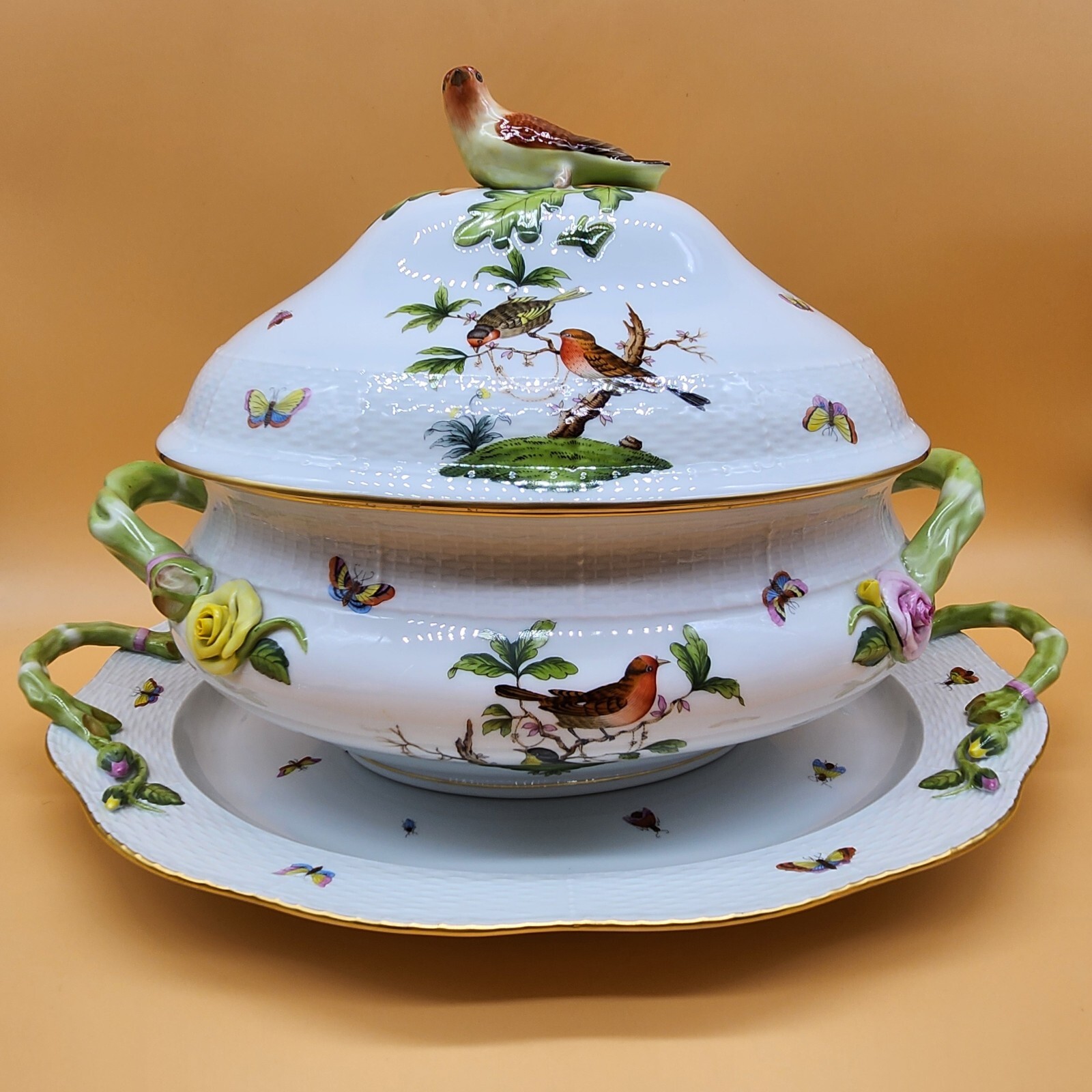 Rare Huge HEREND Rothschild Bird Set of 2, Tureen & Serving Platter 18