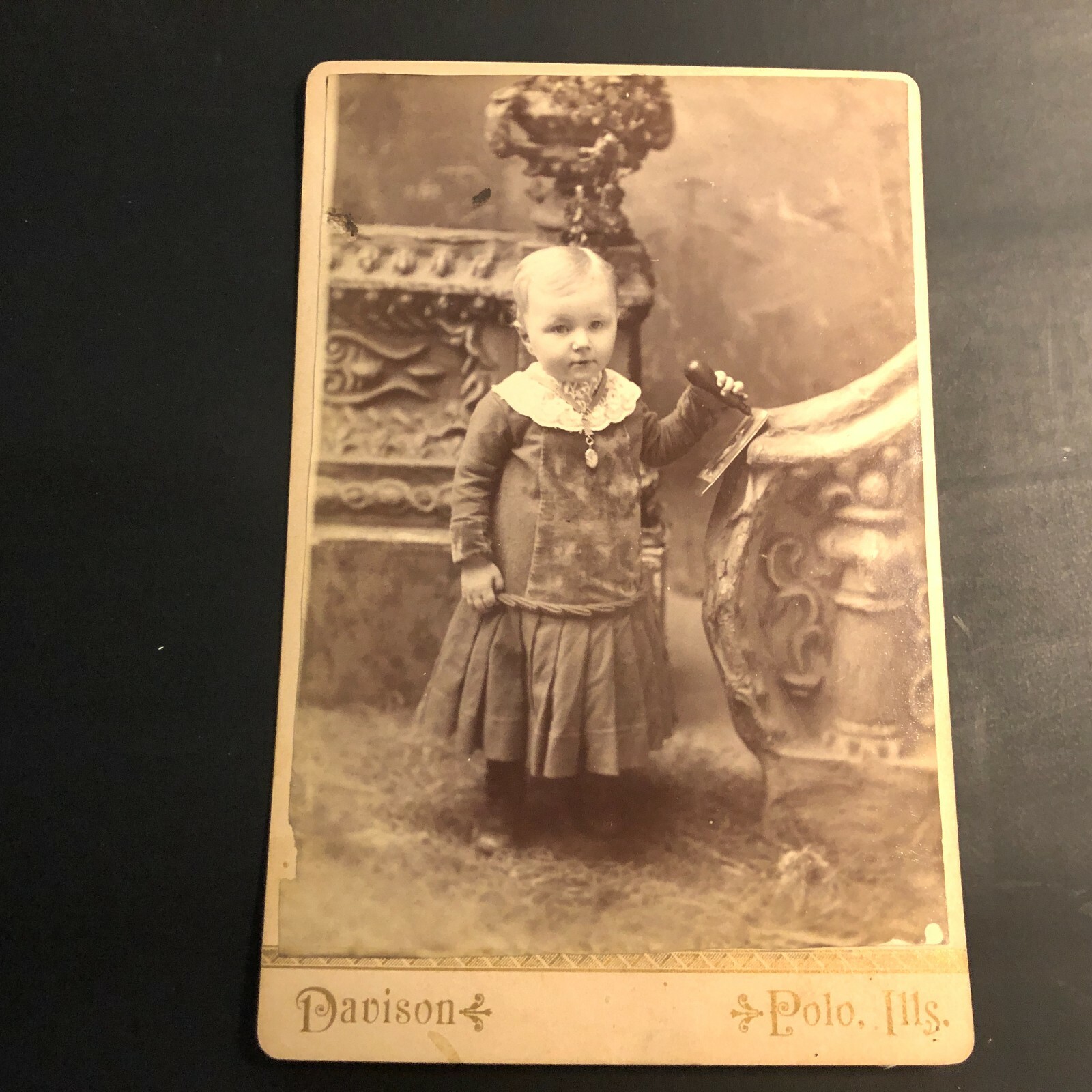 Antique Cabinet Card Photograph Polo, IL Toddler Girl Pen VTG Sepia 1870s 1880s