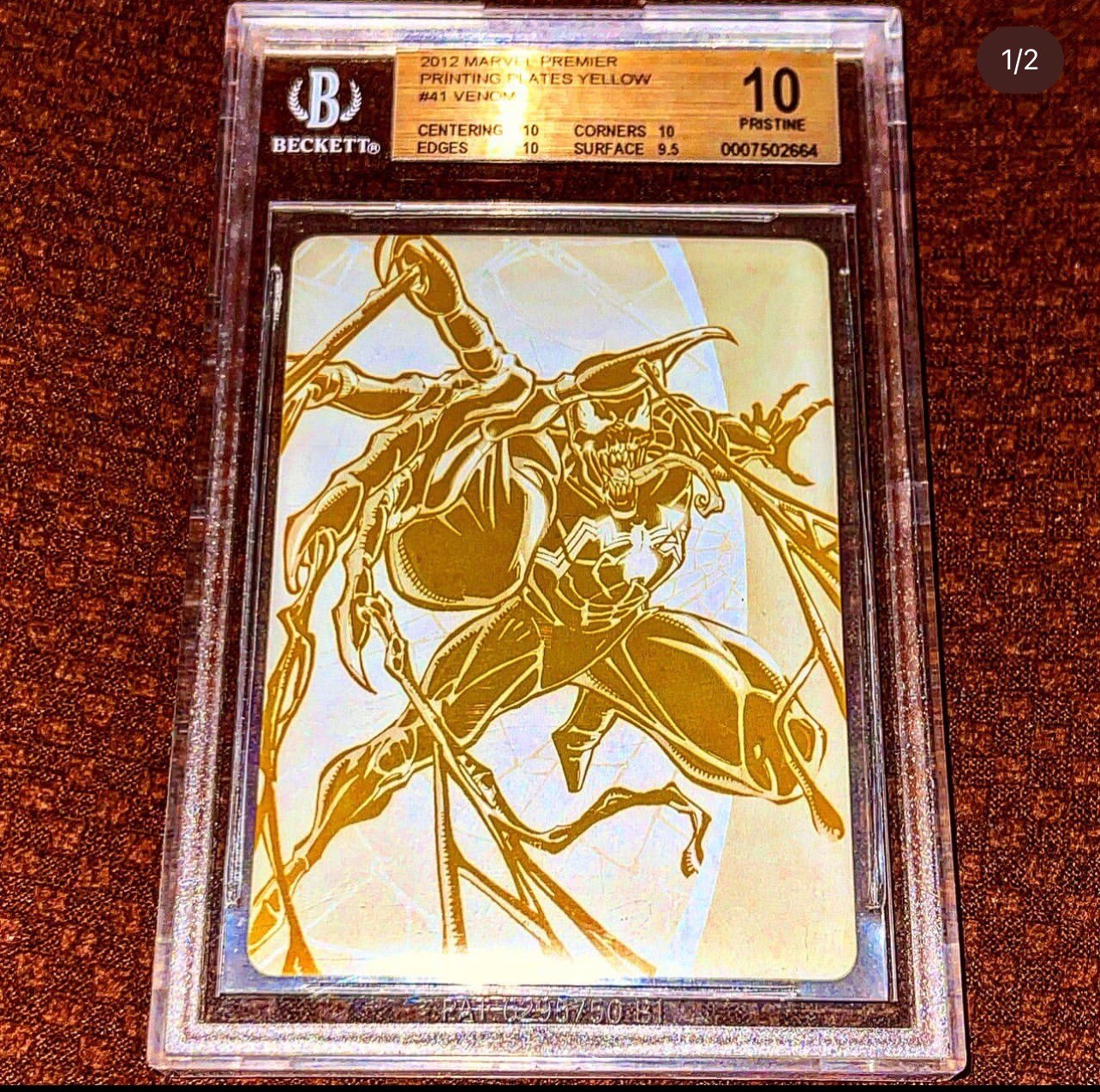 BGS 10 PRISTINE 2012 MARVEL PREMIER VENOM YELLOW PRINTING PLATE 1/1 9.5 BGS 10 PRISTINE 2012 MARVEL PREMIER VENOM YELLOW PRINTING PLATE 1/1 9.5